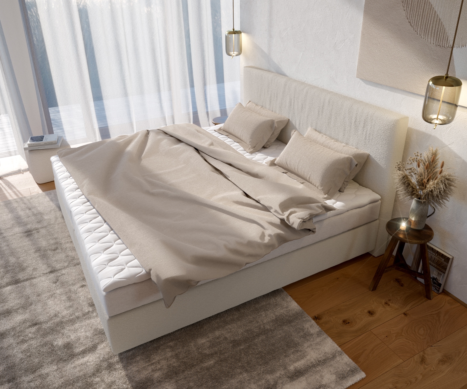 Легло Боксспринг Букле Крем-Бял 200x200 cm Бонел-Матрак PU-Топер Dream-Well 3 Легло Боксспринг Букле Крем-Бял 200x200 cm Бонел-Матрак PU-Топер Dream-Well 3