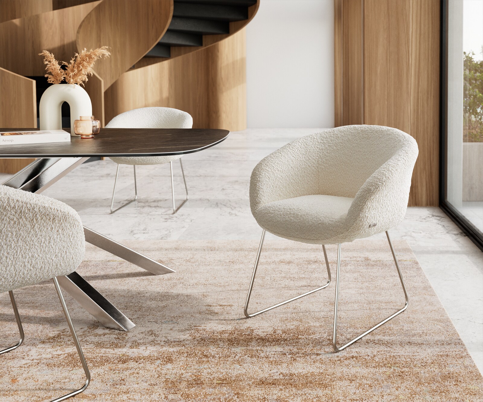 Трапезен стол с подлакътници Букле Бял Извити крака Неръждаема стомана Покет пружина Vinka-Flex Трапезен стол с подлакътници Букле Бял Извити крака Неръждаема стомана Покет пружина Vinka-Flex