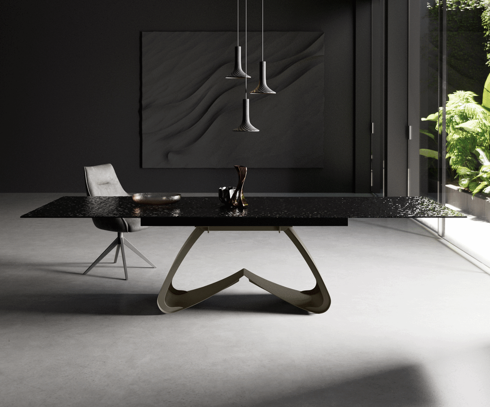 Маса 200-300x100 РелефноСтъкло ОпушеноЧерен 3D-Design W-Рамка Effektfinish Titan разтегателна Edge 2