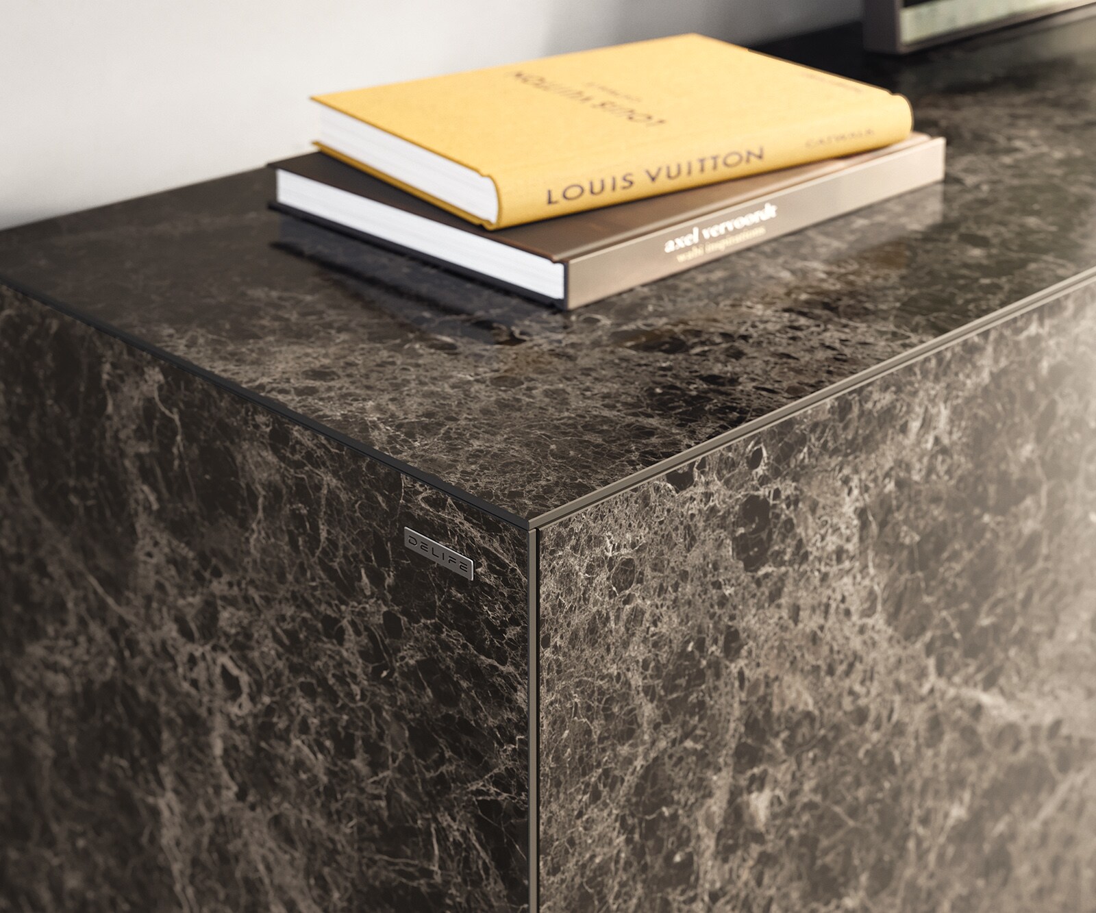 Шкаф Cuor 150 cm Ceramic Laminam® Emperador Extra Lucidato Тъмно кафяво 3 врати Foot Плаващ вид акрилно стъкло 6