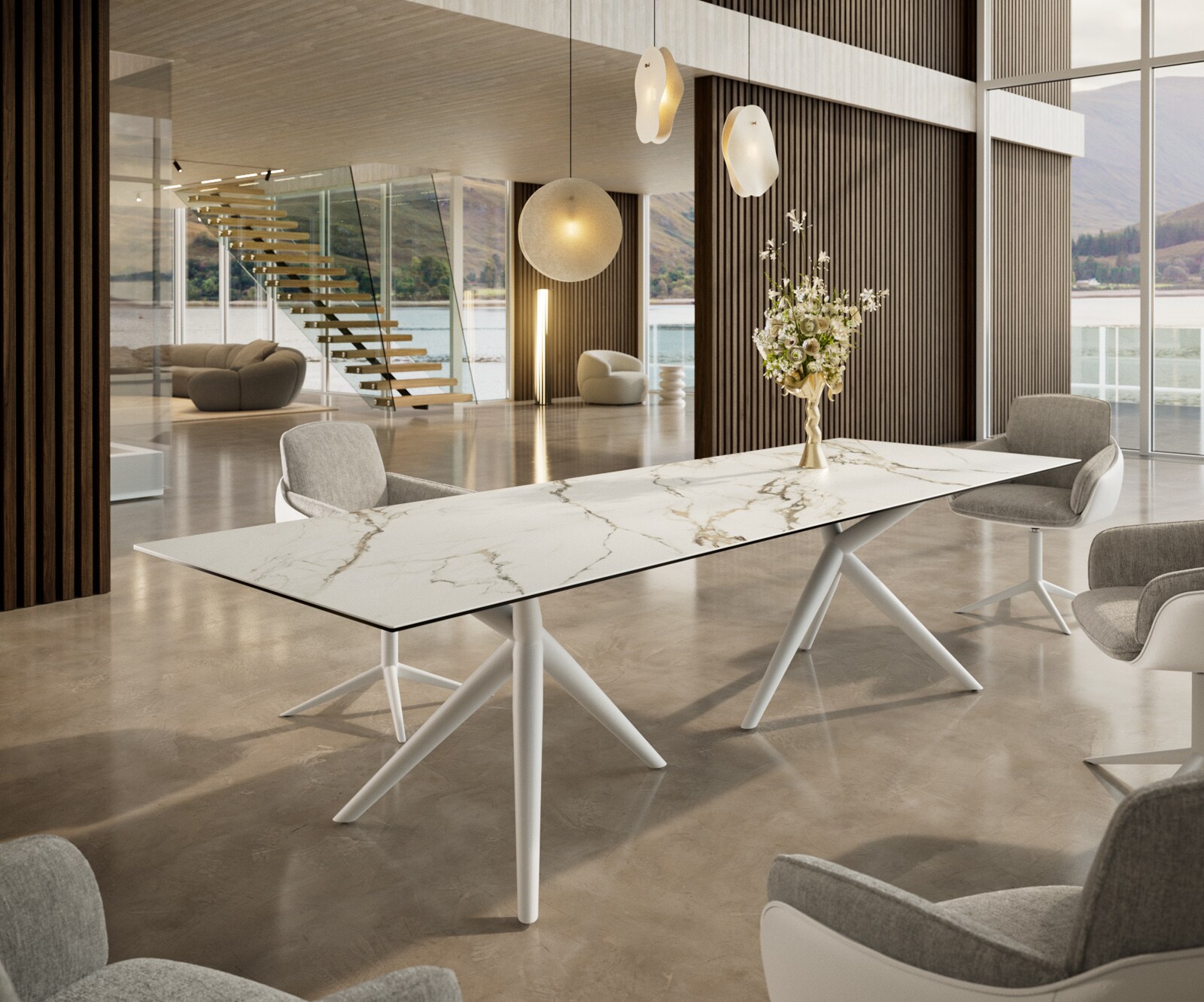 Трапезна маса Edge 300x100, керамика Calacatta Luxe, бяло-златно-сиво, Estelar, кръгла, метална, бяла 1