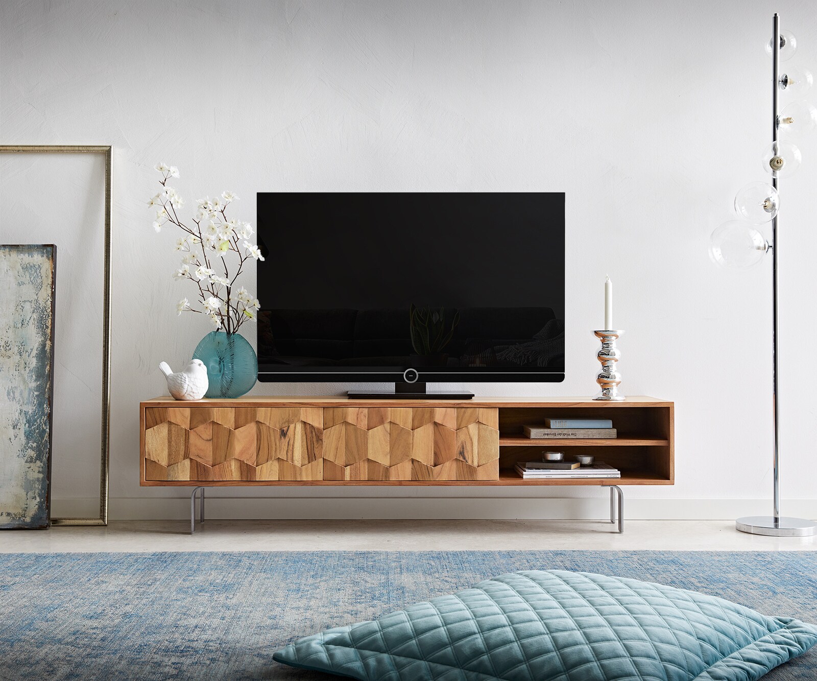 ТВ шкаф Fevo 160 cm Масив Акация, 2 Врати, Г-Крак, Натурален  1