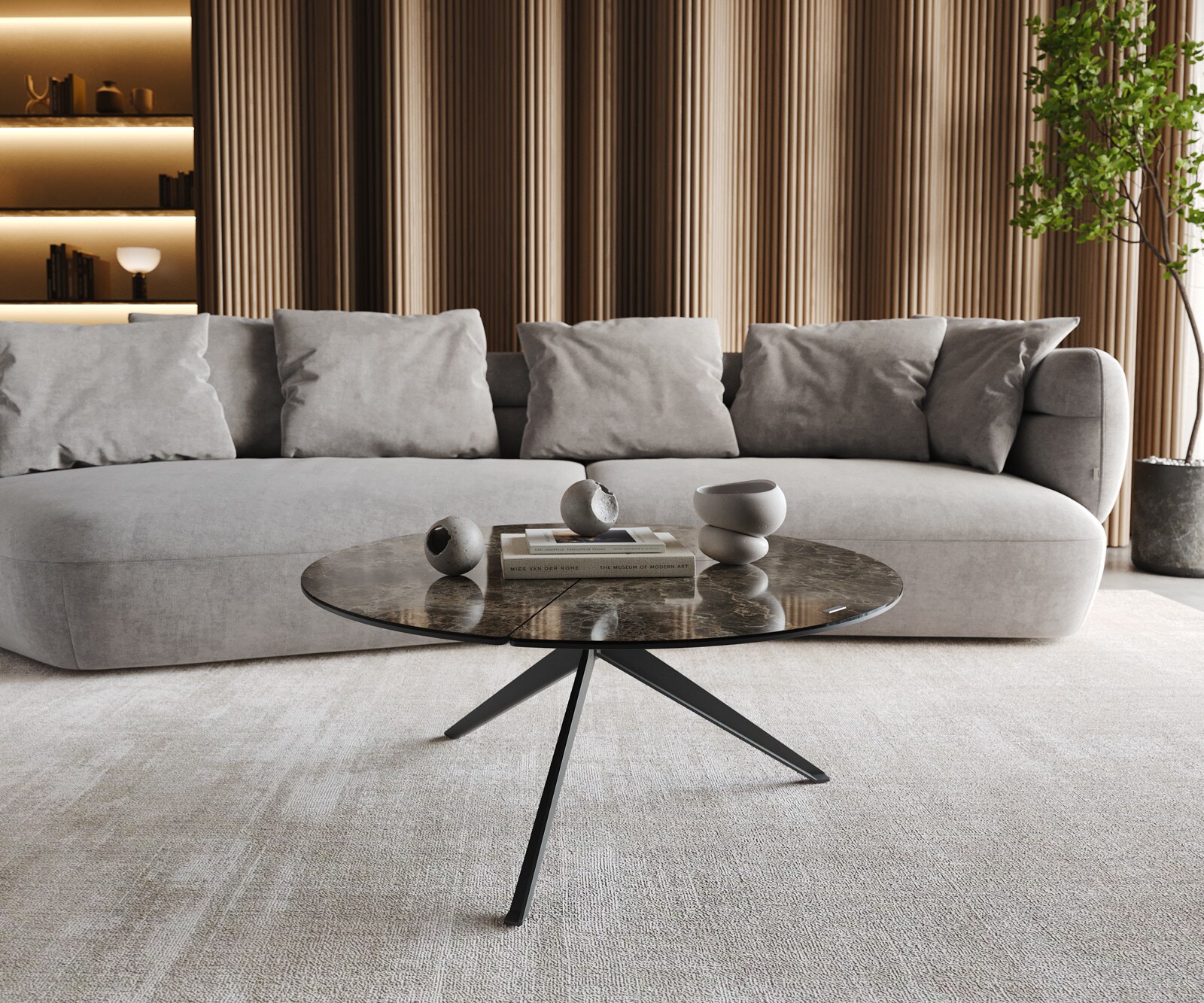 Масичка за кафе Delron 90x90 cm керамика Laminam®Emperador Extra Lucidato Тъмно кафяво Кръстосана основа Плосък метал Черен 1