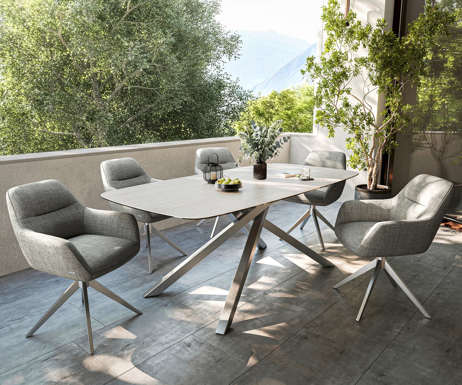 Луксозна външна маса Edge Boot 200x100 см керамичен заоблен плот Laminam ® Travertino Bianco, Кръстовидна основа, Крем-бяло/Сребристосив 7