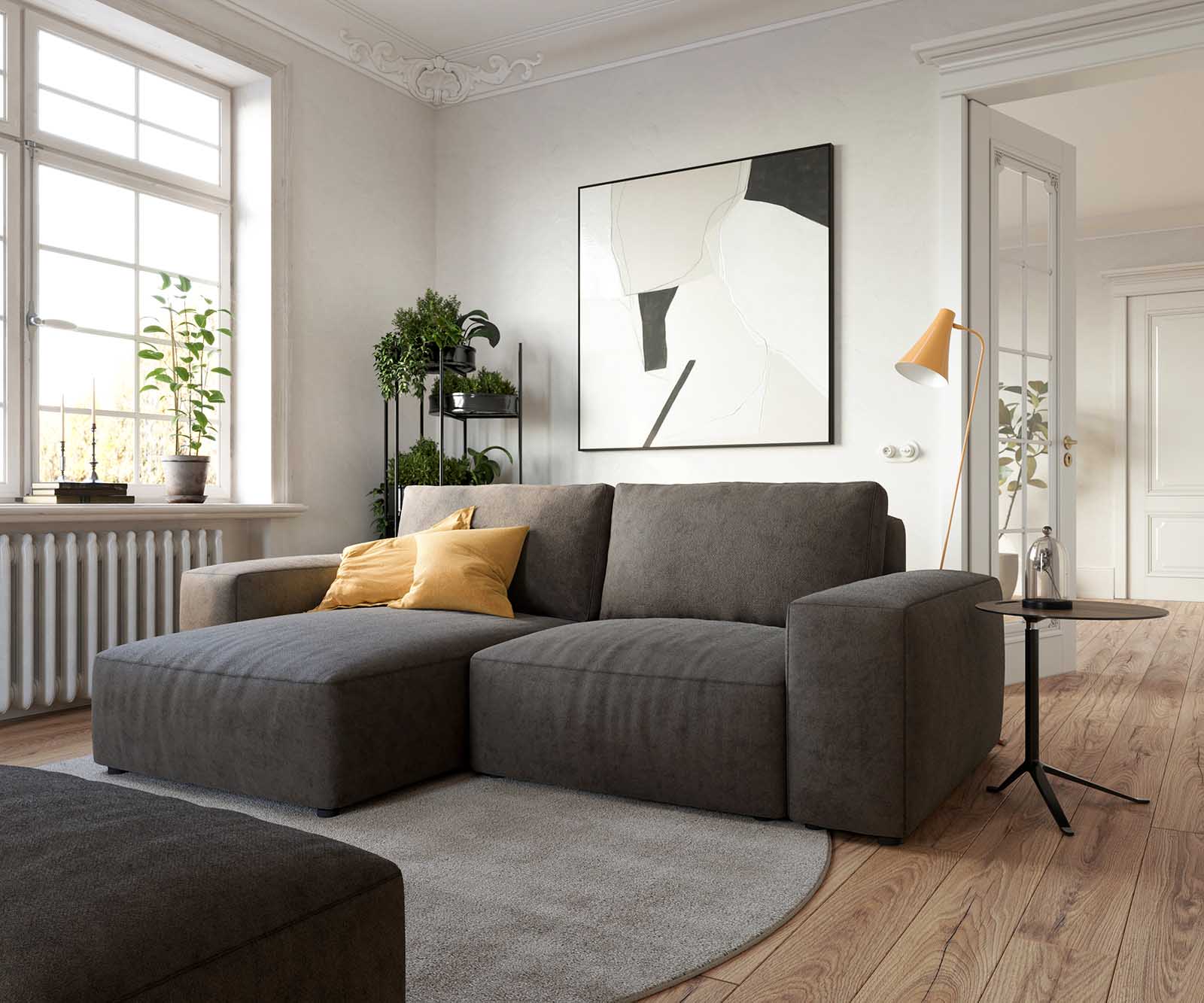 Ъглов диван Lanzo L 230x155 см Микрофибър Каки-Кафяв, Лява/Дясна Лежанка, с табуретка