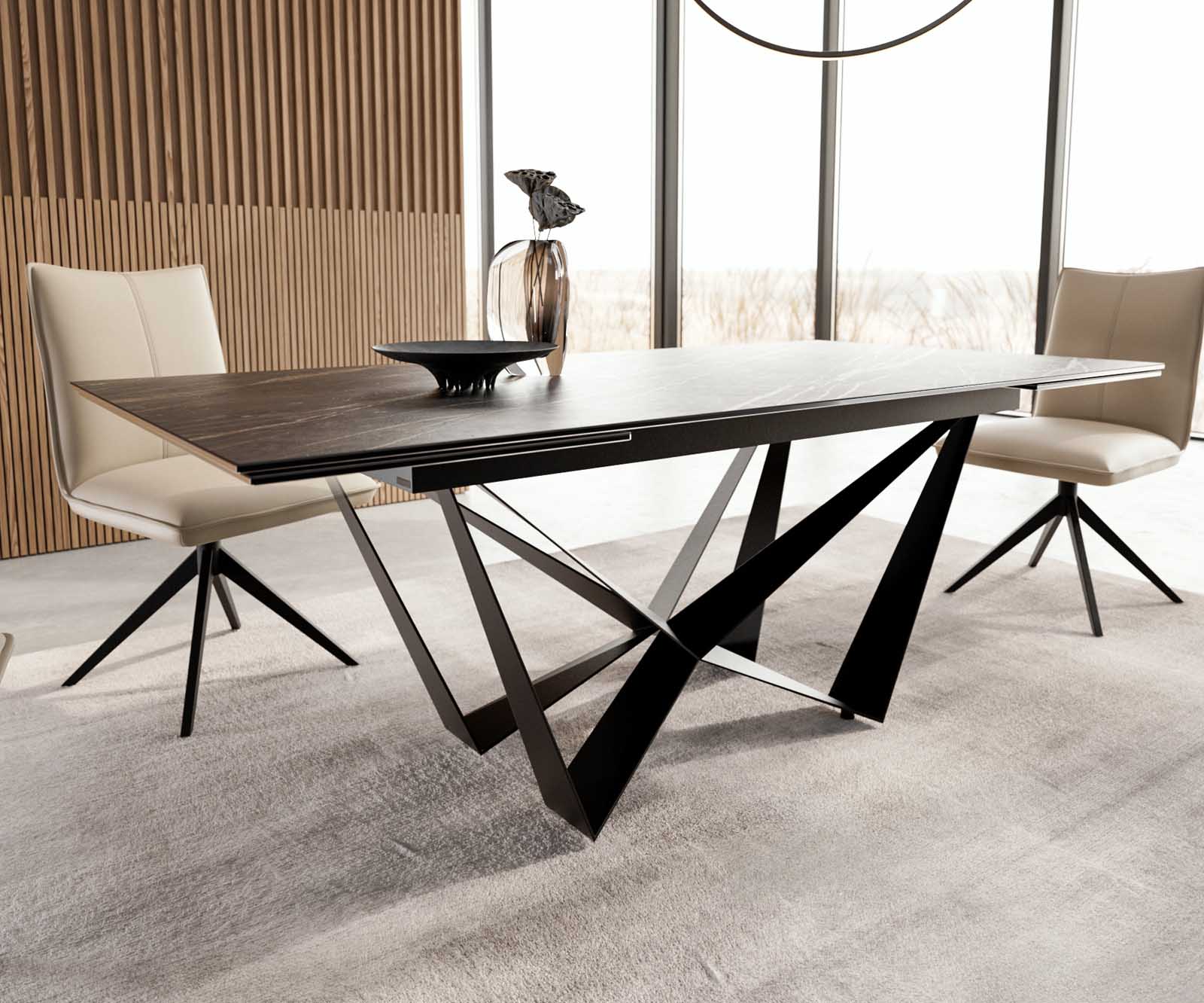 Разтегателна трапезна маса Edge 200-300х100 см Керамика Laminam®Noir Desir Кафяв Основа стомана тип Spider Черен цвят 6