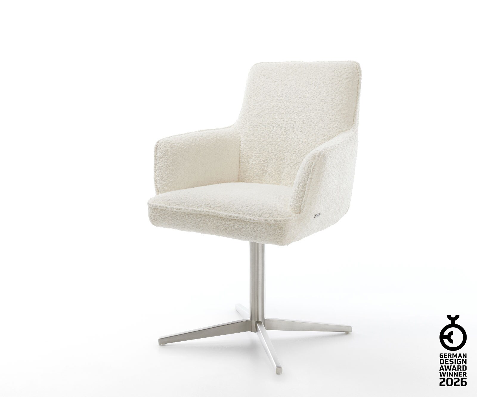 Врътящ се стол с подлакътници Букле Бял Офис основа Неръждаема стомана 360° въртящ се Покет пружина Heira-Flex