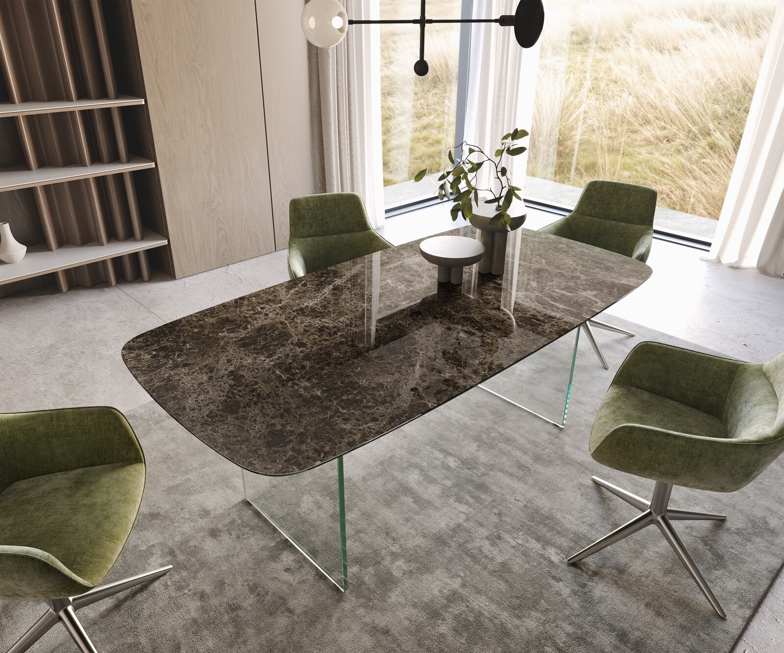 Трапезна маса Edge Boot 200x100, керамика Laminam „®“, Emperador Extra Lucidato, тъмнокафява, стъклена рамка 1