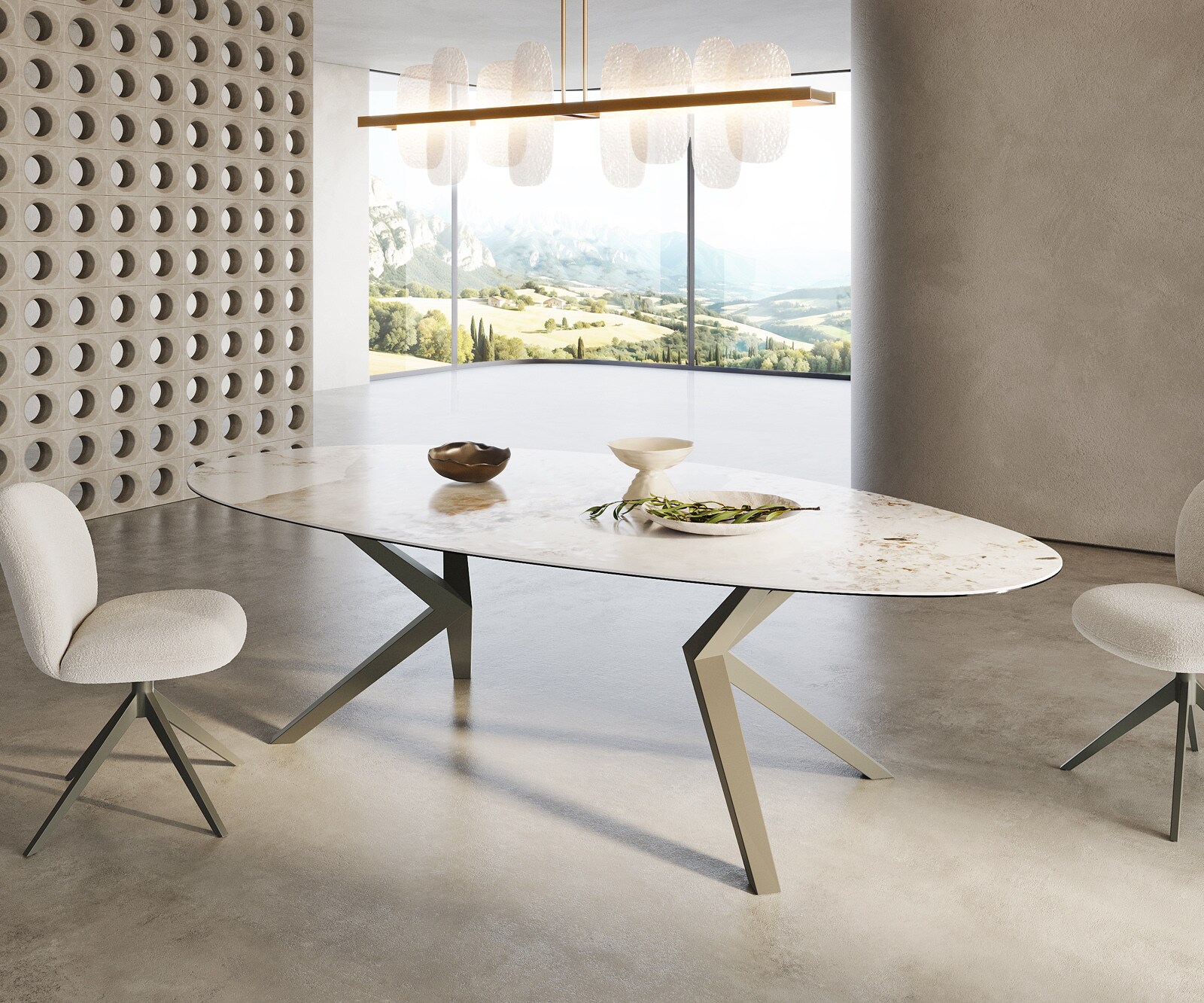 Трапезна маса Edge Oval 280x130, керамика Minas Melange, бяло-бежово, Zenthara, с остри ръбове, метално покритие с ефект „титан“ 3