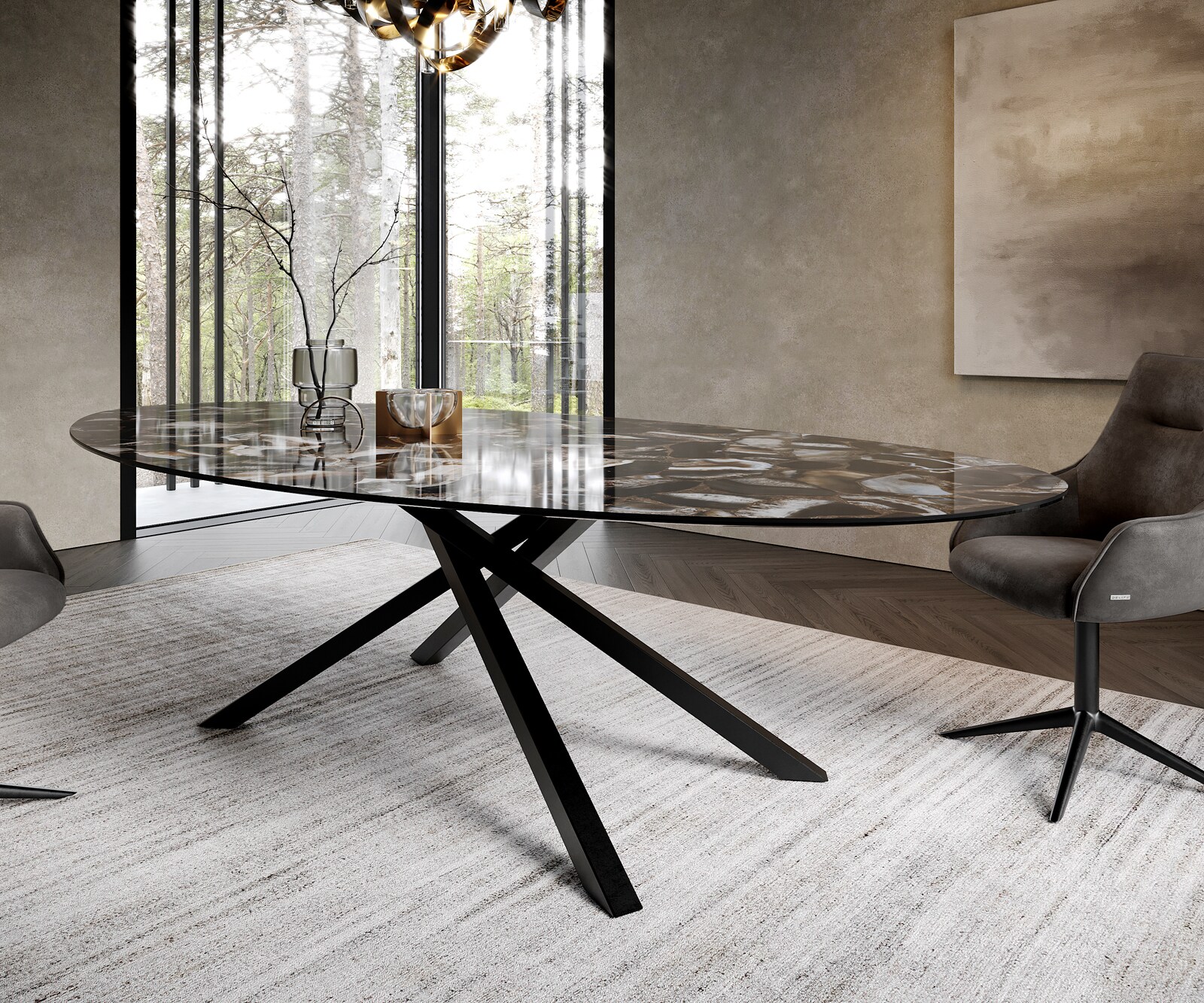 Трапезна маса Edge Oval 280x130 см, керамика Iris FMG Agatablack, кръстообразна рамка, правоъгълна, черна 6