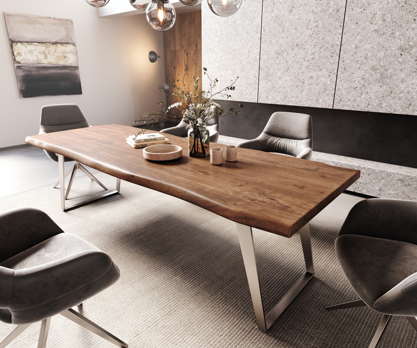 Маса 260x100cm XL Акация Кафяв Неръждаема стомана Сребрист под ъгъл Edge