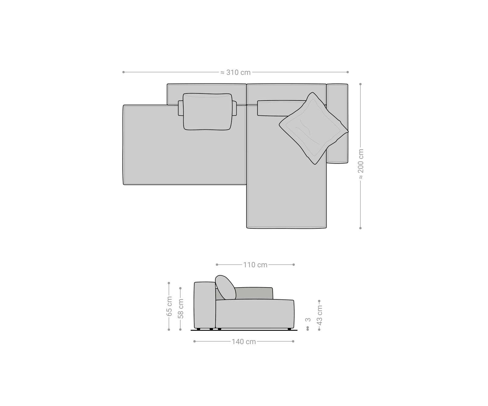 Ъглов диван Freestyle 310x200 cm текстурирана тъкан, меко сиво, тръбен шев 6