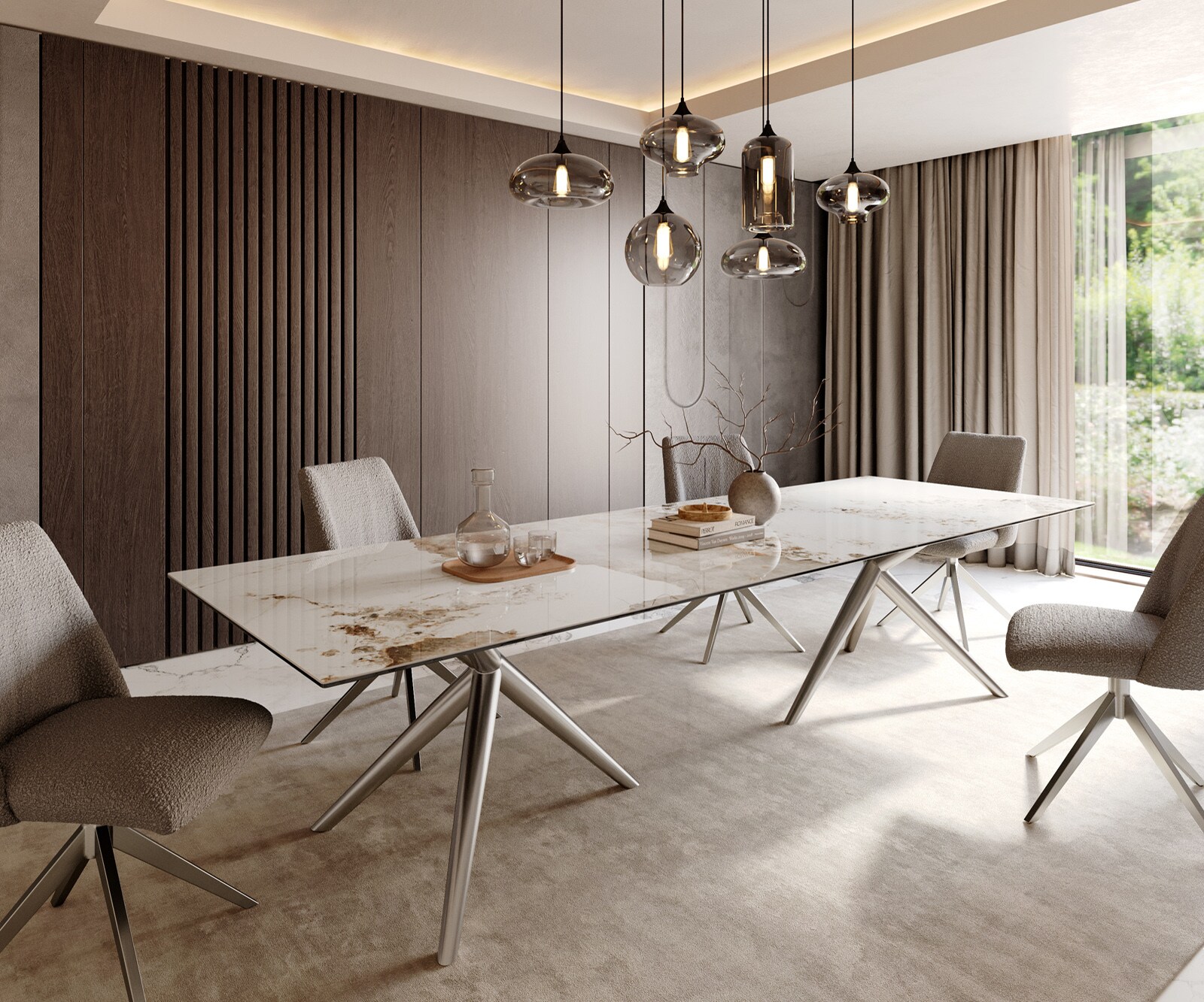 Трапезна маса Edge 300x100 керамична Minas Melange бяло-бежова Estelar кръгла от неръждаема стомана 1