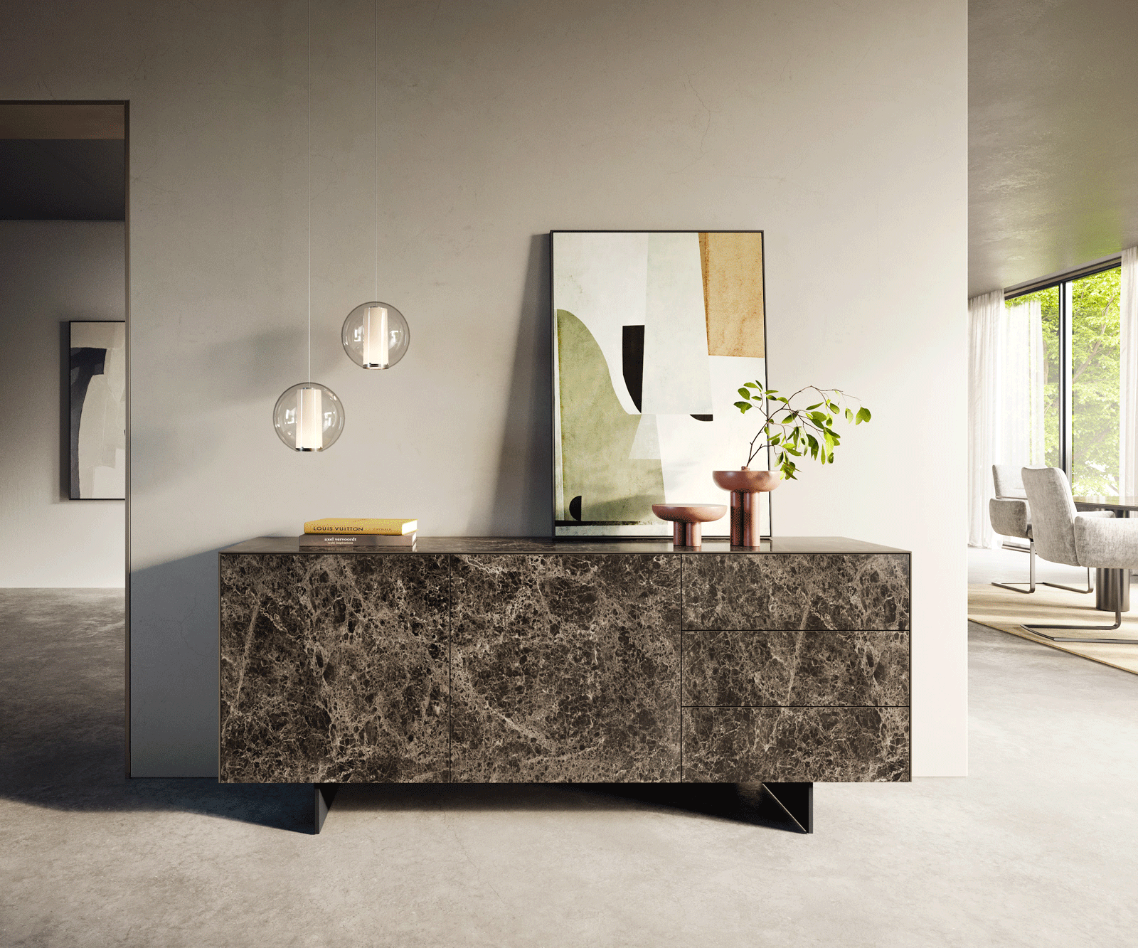 Бюфет Cuor 180 см Керамика Laminam® Emperador Extra Lucidato Тъмно кафяво 2 врати 3 чекмеджета Основа Метал Черен 2