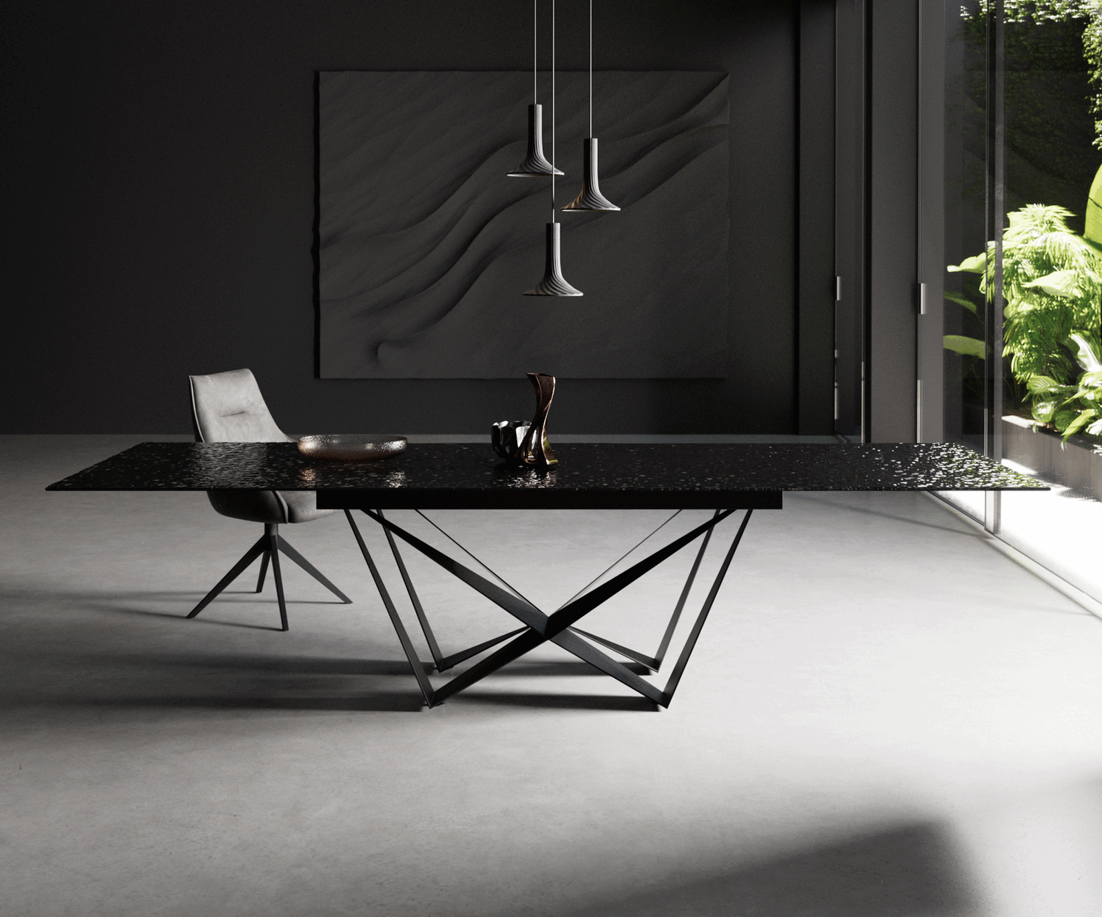 Маса 200-300x100 РелефноСтъкло ОпушеноЧерен 3D-Design Spider плоска стомана Черен разтегателна Edge 2