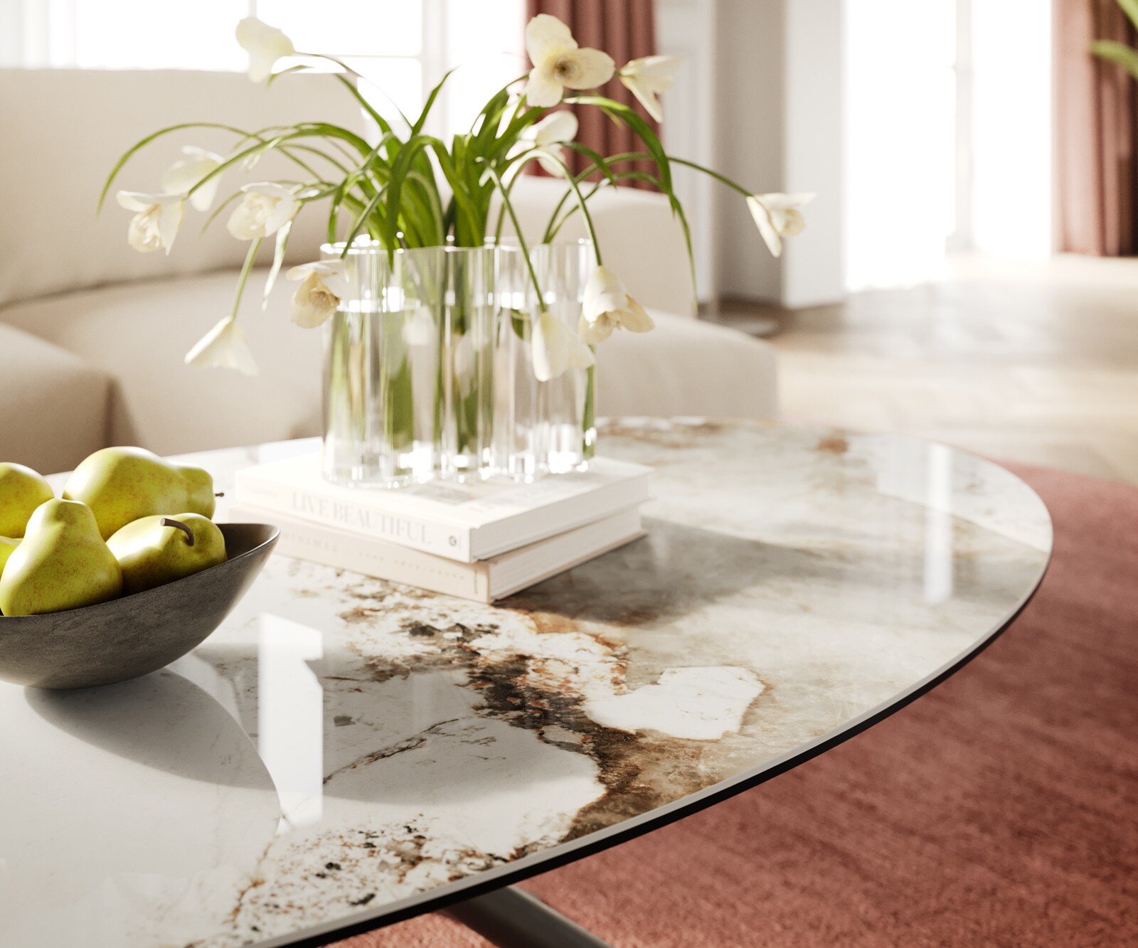 Масичка за кафе Edge Oval 140x80 cm керамика Minas Melange Sarity метален ефект покритие титан 6