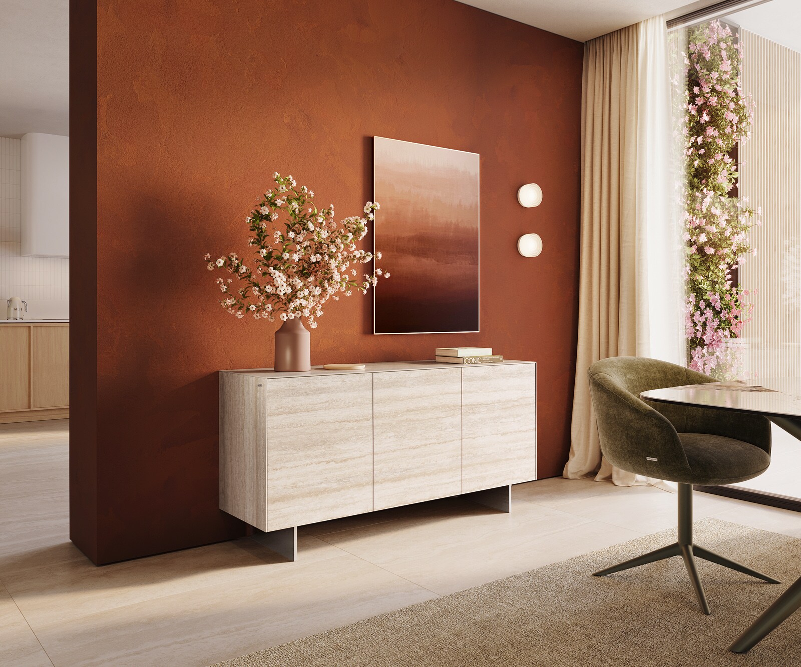 Шкаф Cuor 150 cm Керамичен ламинат® Travertino Bianco Крем-бяло 3 врати Основа Плаващ вид неръждаема стомана