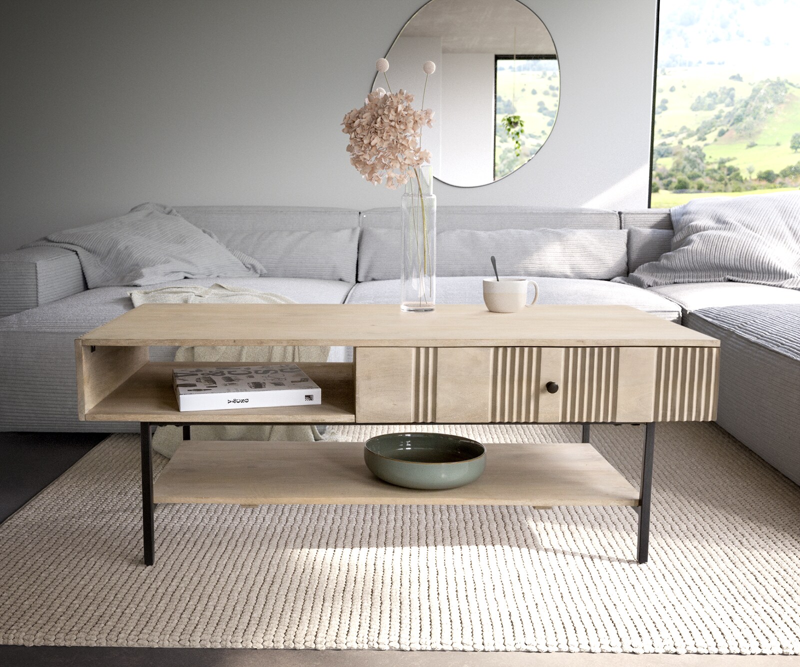 Холна маса Nereos 130x60 см, Манго Избелено дърво, Метална черна основа 1