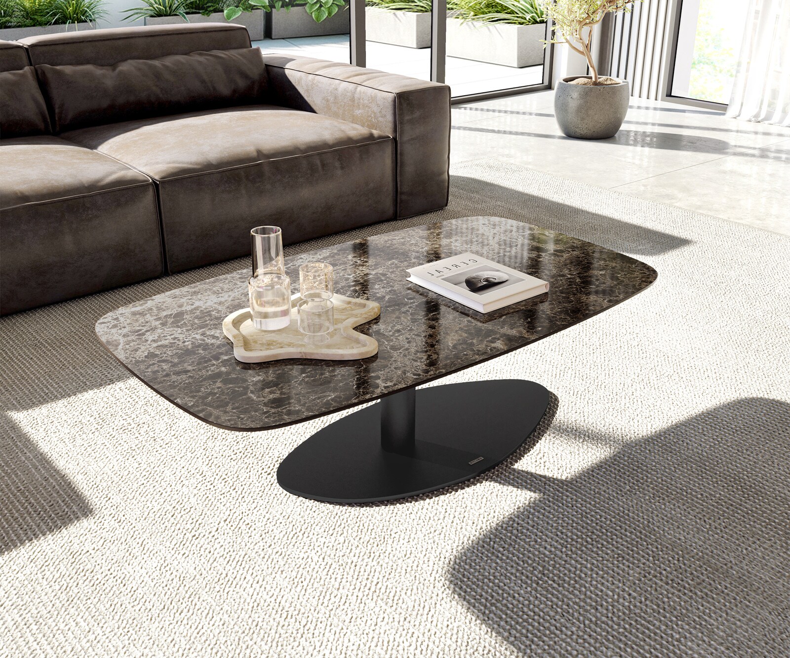 Масичка за кафе Edge Boot 120x70 cm керамика Laminam® Emperador Extra Lucidato тъмнокафяво Vibany Metal Black