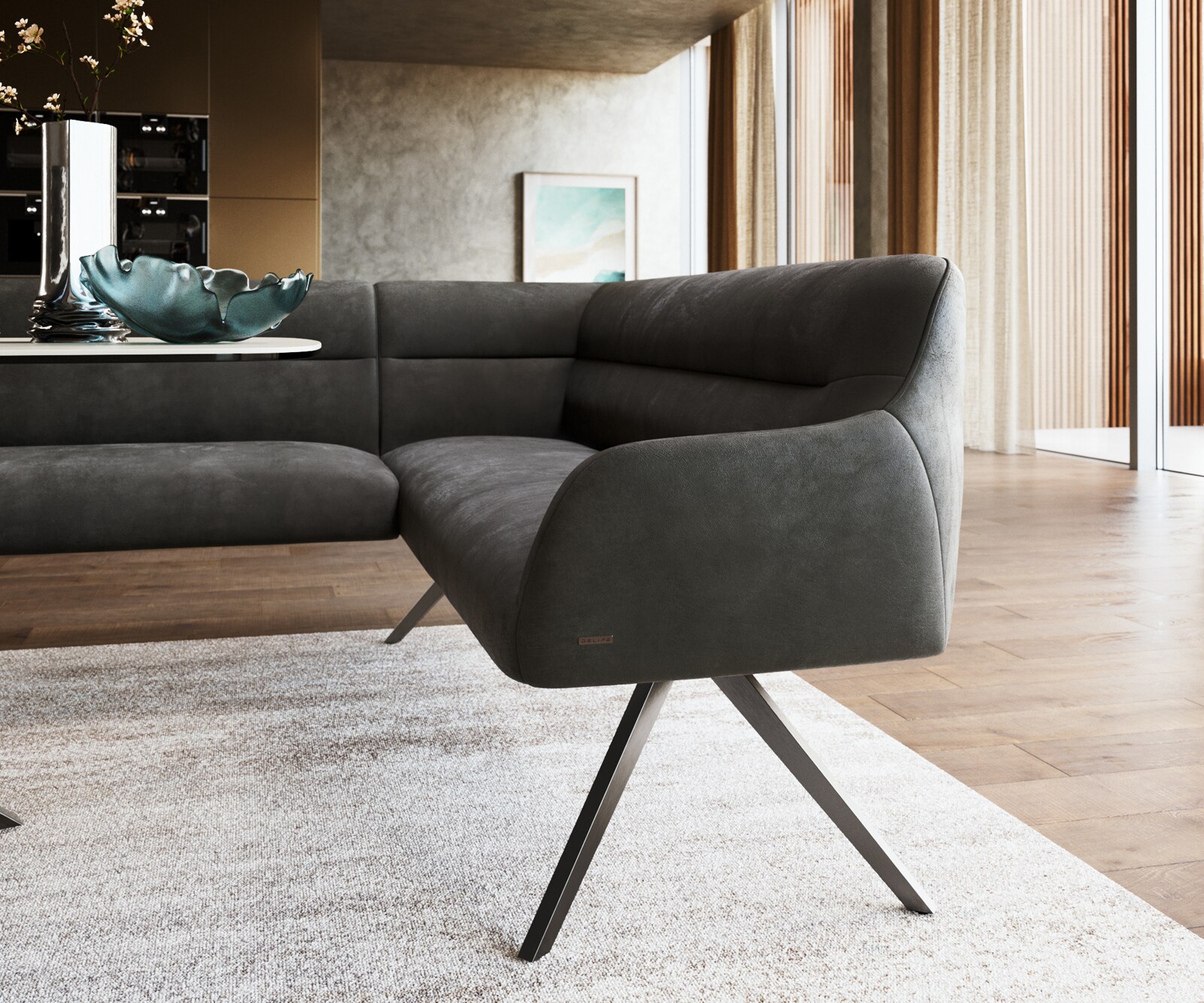 Тапицирана ъглова пейка Taya-Flex 285х190 см, Лява, Кръстосани основи графит, Покет пружини, Дамаска Микрофибър, Винтидж Антрацит 5