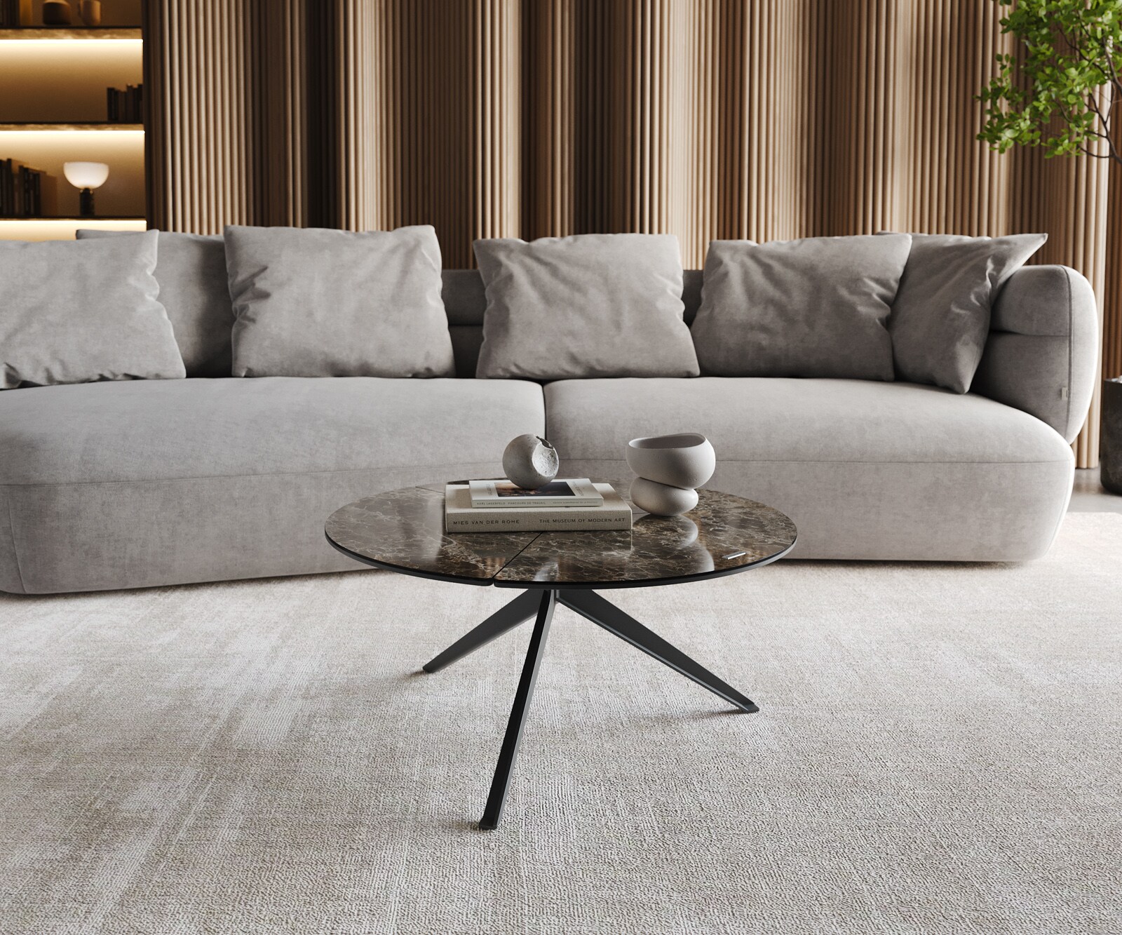 Масичка за кафе Delron 70x70 cm керамика Laminam®Emperador Extra Lucidato Тъмно кафяво Кръстосана основа Плосък метал Черен 1