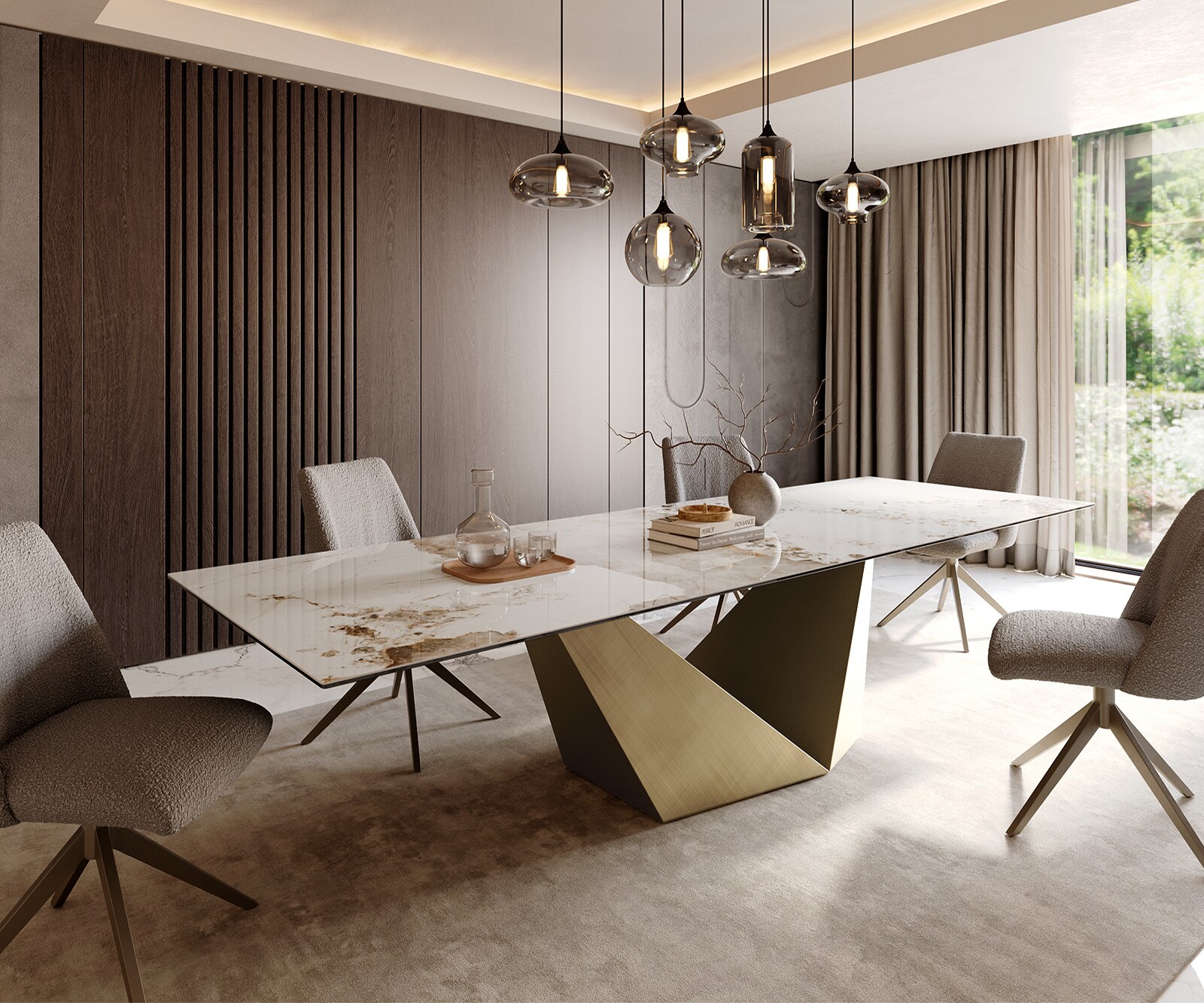 Трапезна маса Edge 300x100 керамика Minas Melange Бяло-бежово Prisma Metallic Gold 1