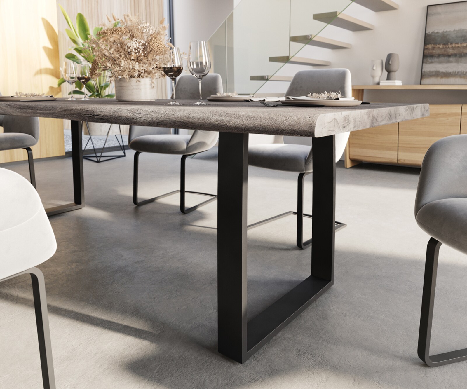 Трапезна маса Edge 260x100 XL от акация, платинен цвят, черни крака, с естествени ръбове 4
