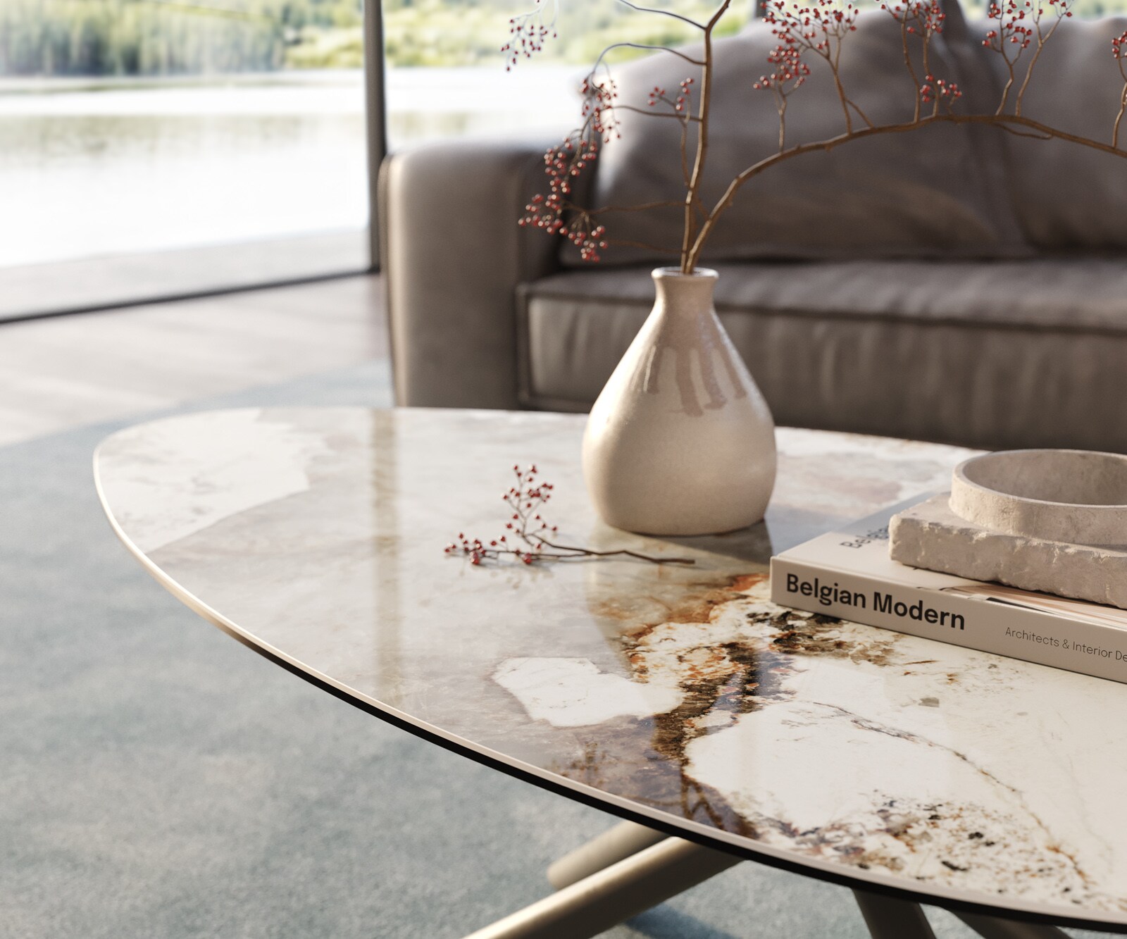 Масичка за кафе Edge Organic 140x76 cm керамика Minas Melange Sarity метален ефект покритие титан 6