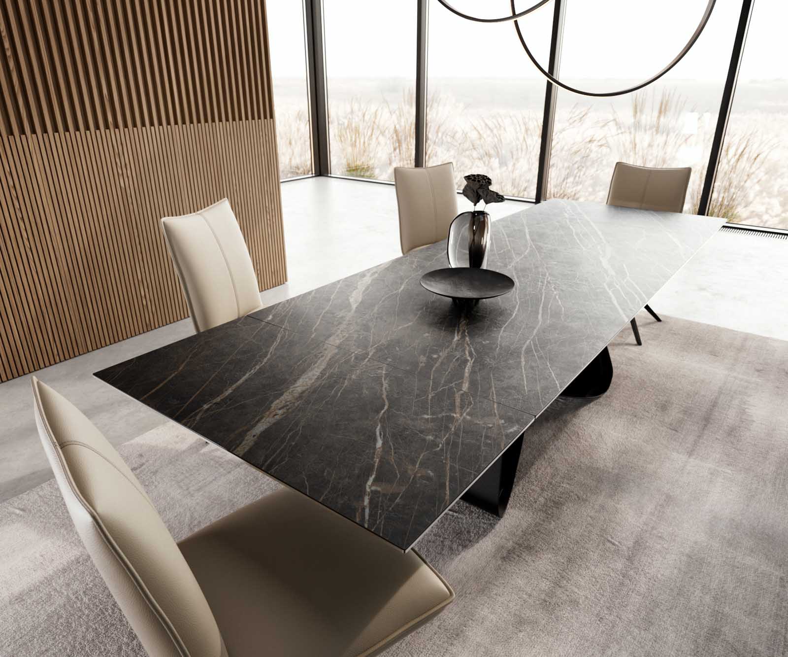 Разтегателна трапезна маса Edge 200-300х100 см Керамика Laminam®Noir Desir Тъмнокафяв W-образна основа Черен  4