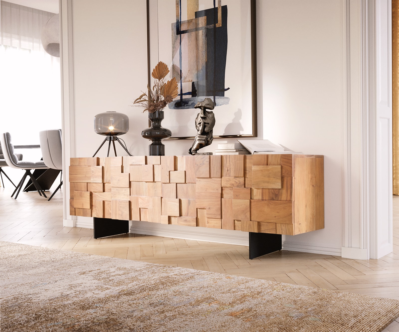 ТВ шкаф 175 cm 4 Врати Акация Натурал Крак висящ Метал Черен Puzzle ТВ шкаф 175 cm 4 Врати Акация Натурал Крак висящ Метал Черен Puzzle