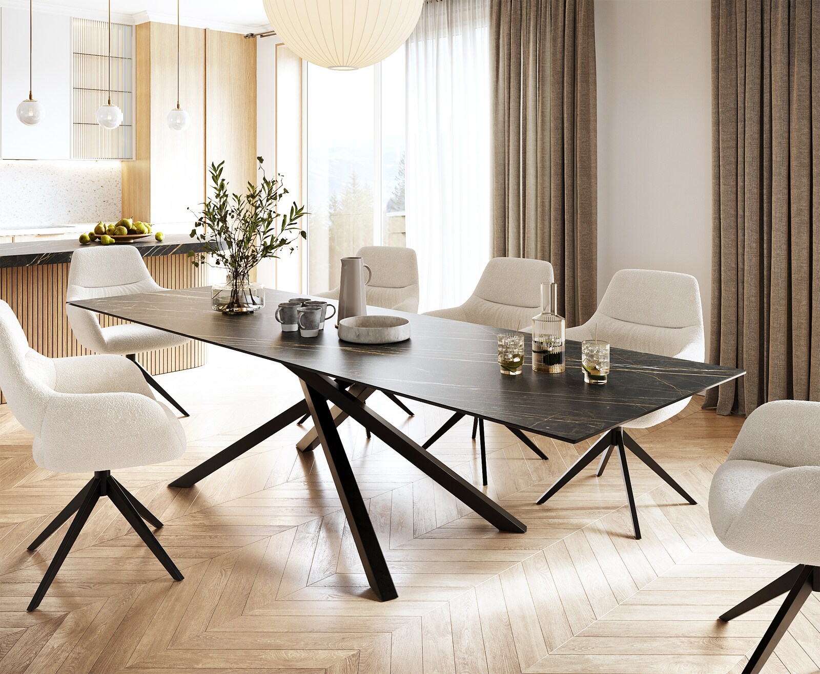 Маса 300x100cm Keramik Laminam®Noir Desir Кафяв среден крак Кръст Черен Edge