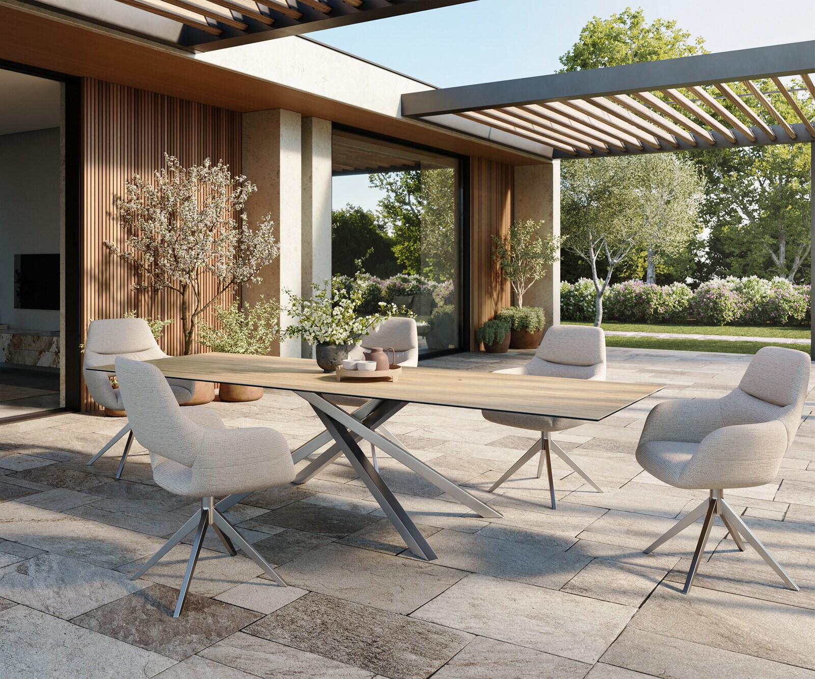 Луксозна външна маса Edge 300x100 см, керамичен правоъгален плот Laminam ®, Кръстовидна основа,  Пясъчен дъб/Сребристосив 5