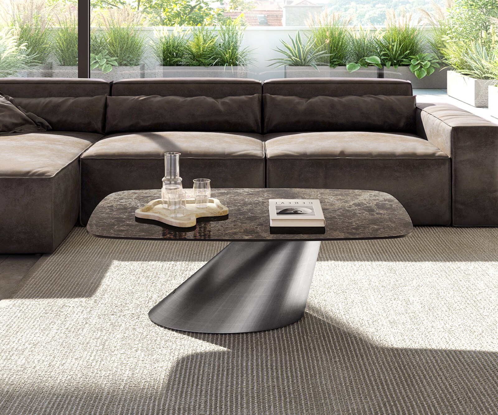 Масичка за кафе Edge Boot 120x70 cm керамика Laminam® Emperador Extra Lucidato тъмнокафяво Conis Metallic Silver 1