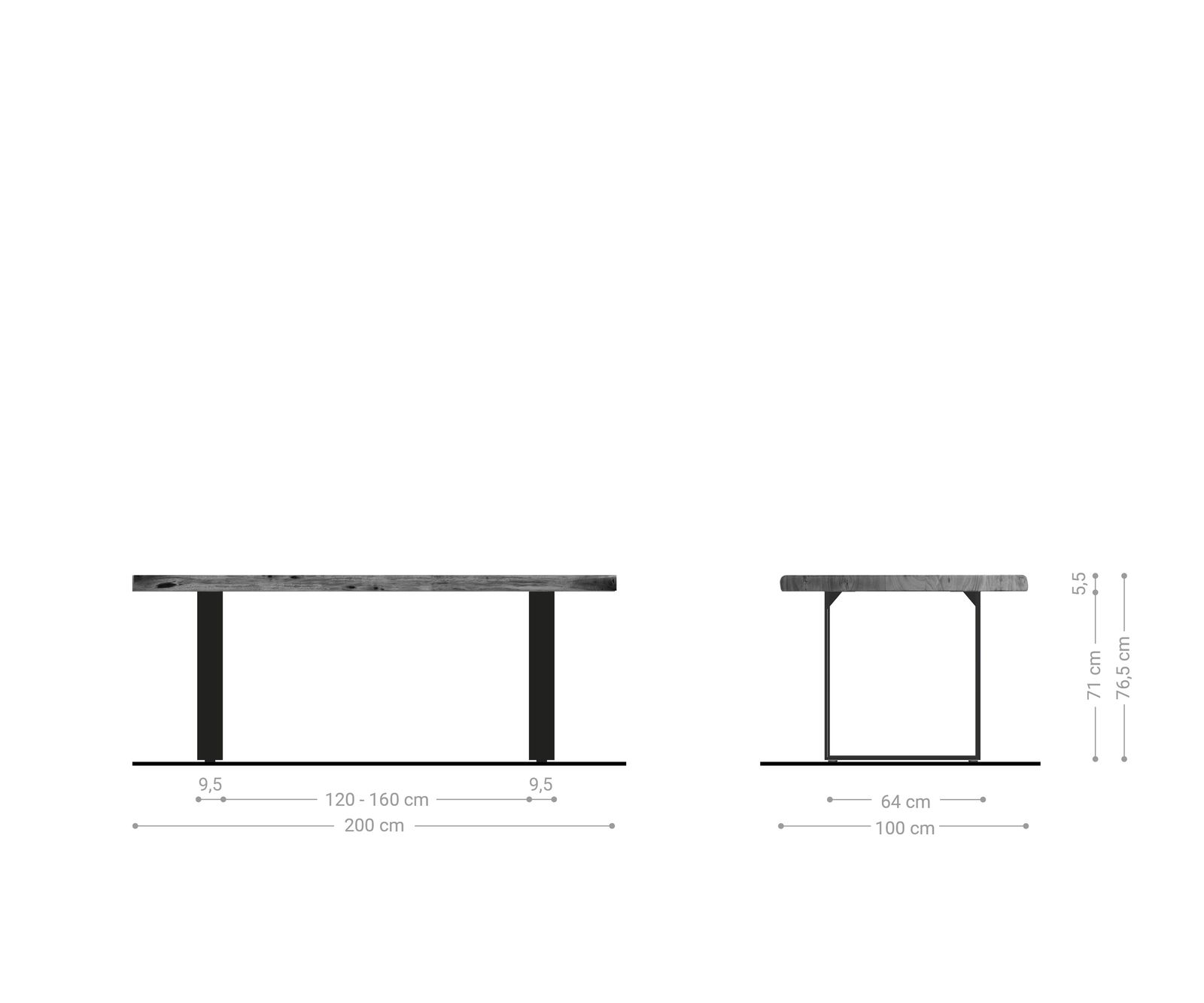 Трапезна маса Edge 200x100 XL Масив акация, платинен неръждаем стоманен профил, тясна, с естествени ръбове 5