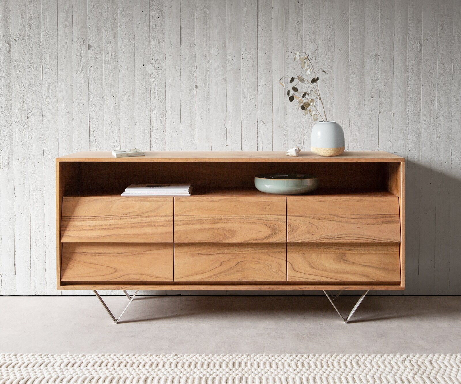 Бюфет 145x40 cm Акация Натурал 6 Чекмеджета V-Крак Неръждаема стомана Eloi 1