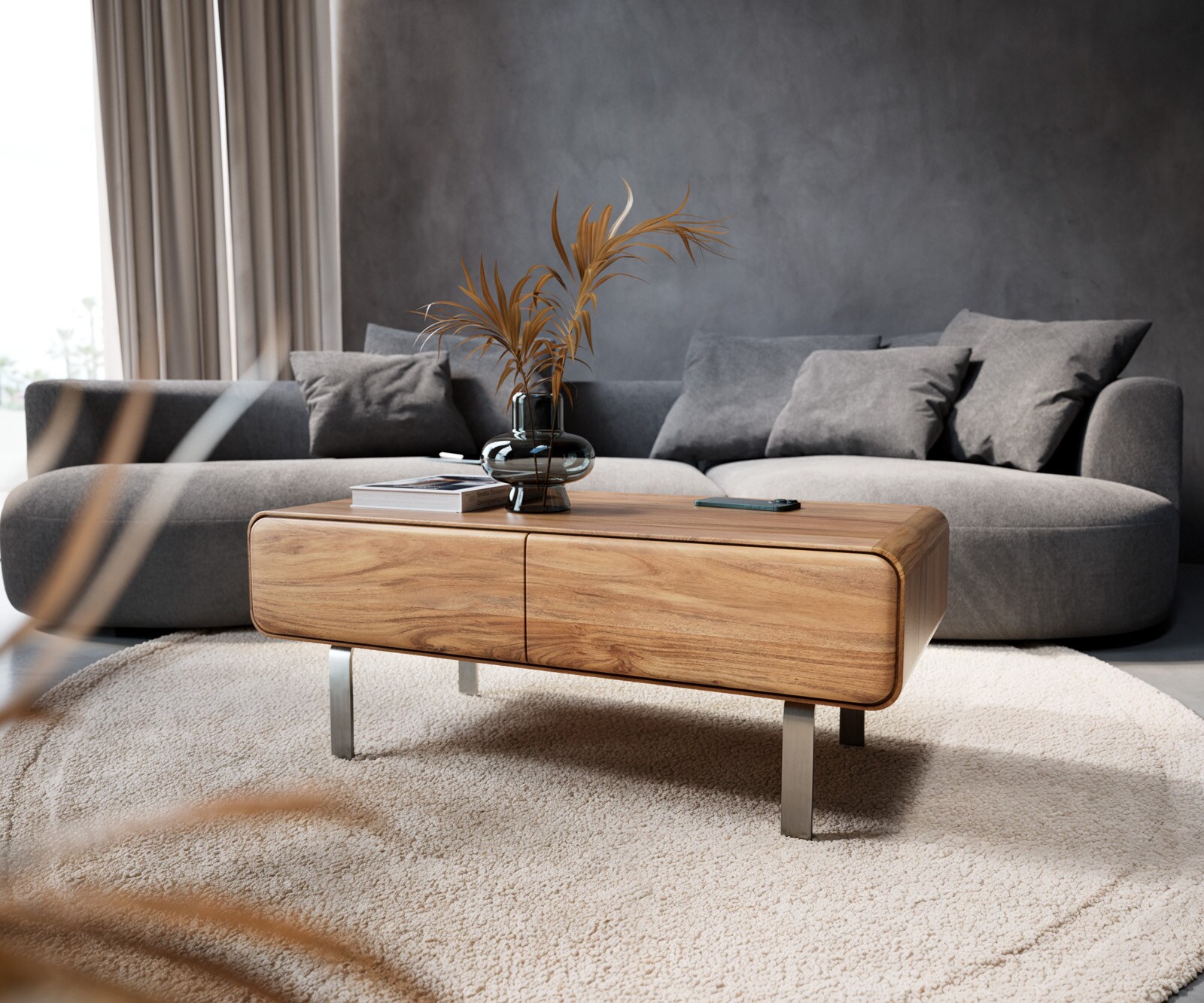 Масичка за кафе Anaya 100x50 cm естествена акация 2 чекмеджета L-основа от неръждаема стомана 4