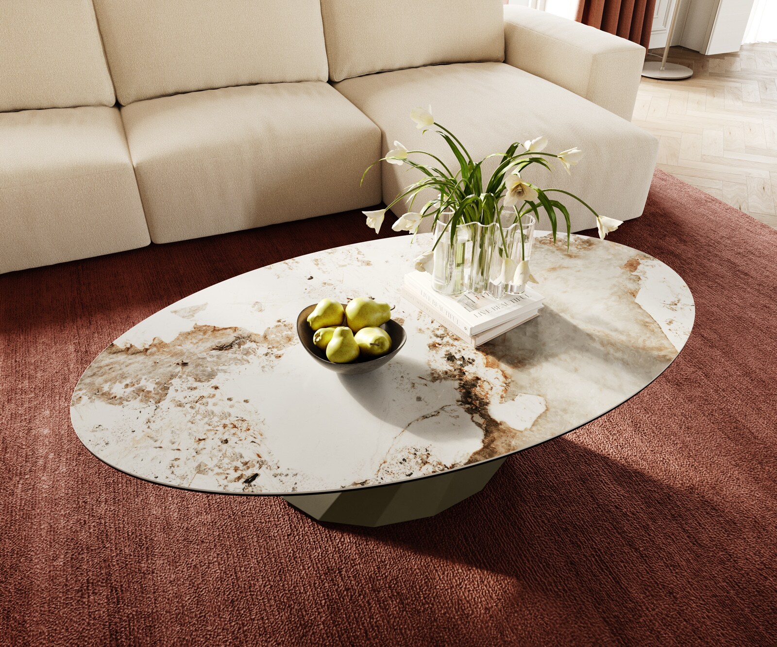 Масичка за кафе Edge Oval 140x80 cm керамика Minas Melange Parabi метален ефект покритие титан 4