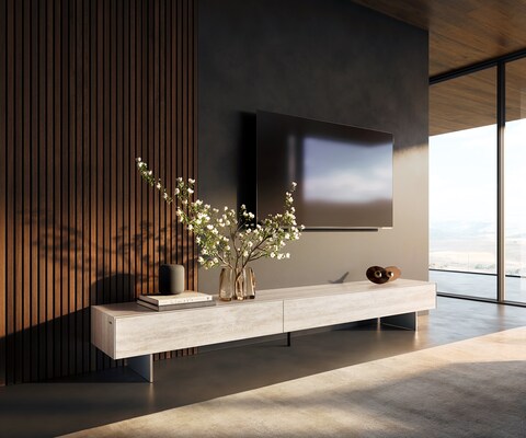 ТВ шкаф Cuor 250 см Керамика Laminam® Travertino Bianco Крем-бяло 1 врата 1 чекмедже Основа Неръждаема стомана