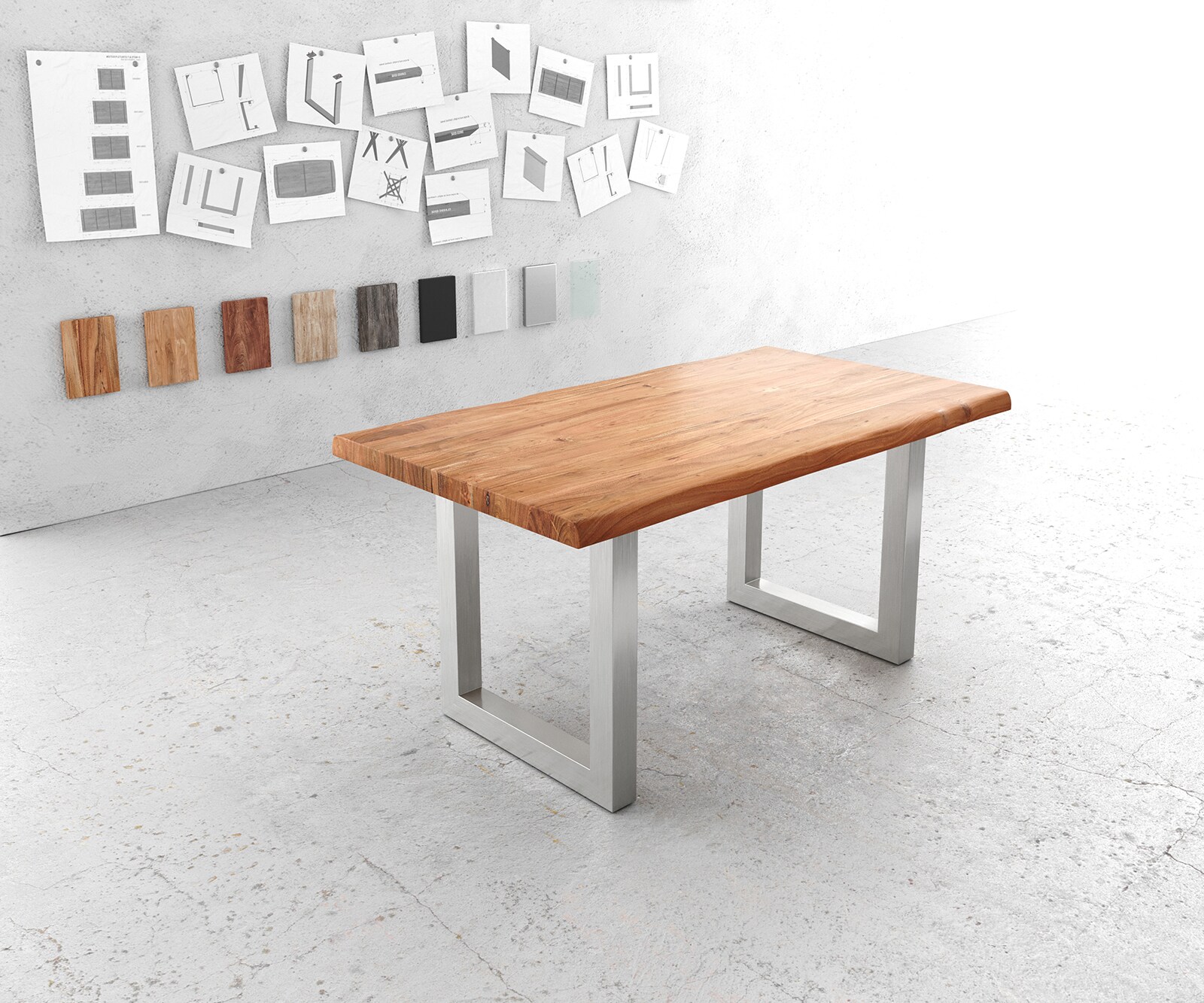 Трапезна маса Edge 160x90 см XL, естествена акация, неръждаема стомана, широка, с естествени ръбове
