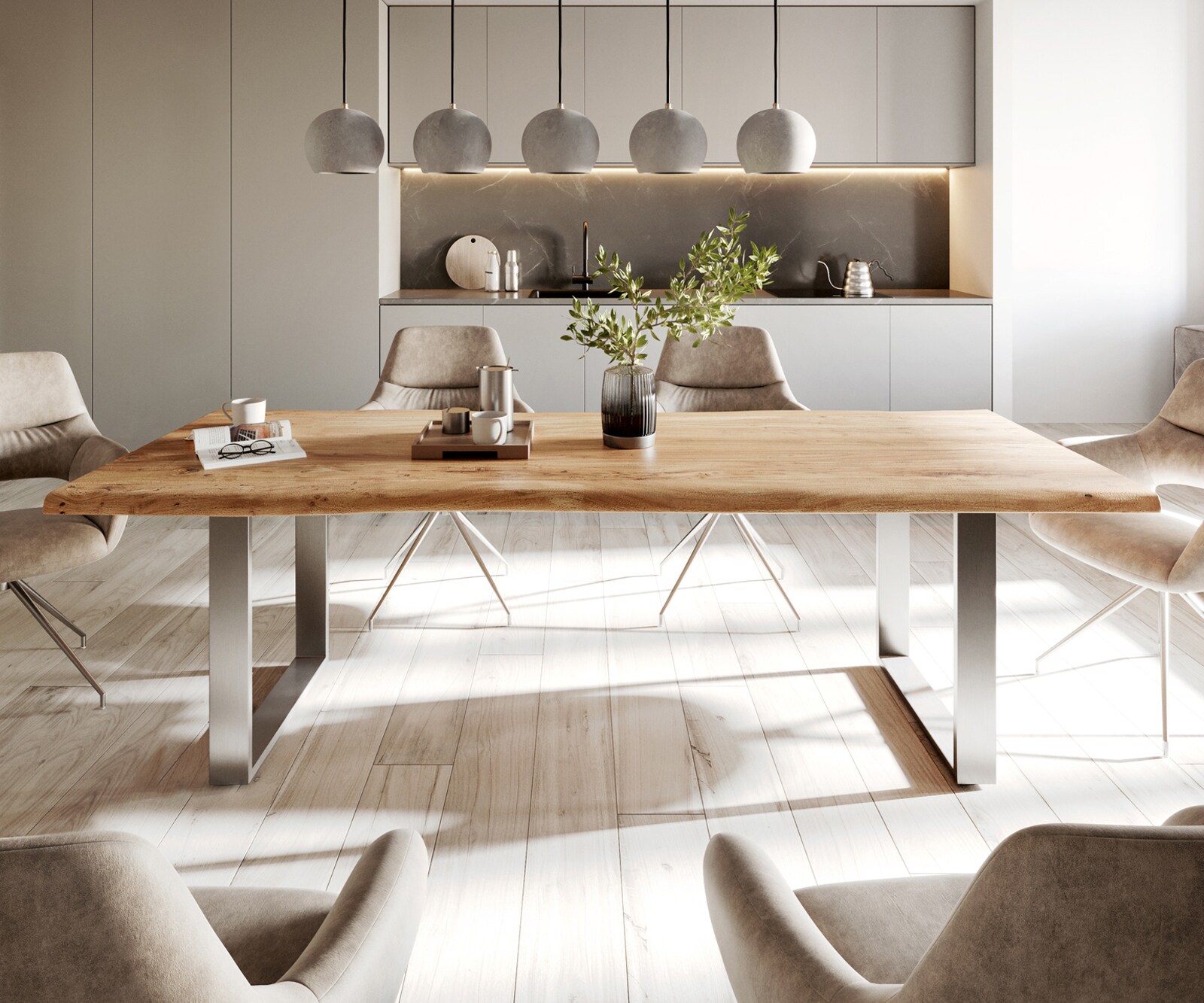 Маса 240x100cm Акация Натурал Неръждаема стомана Тесен профил Edge 1