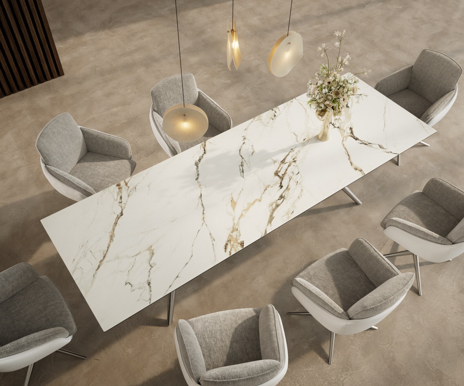Трапезна маса Edge 300x100, керамика Calacatta Luxe, бяло-златно-сиво, Estelar, кръгла, от неръждаема стомана 3
