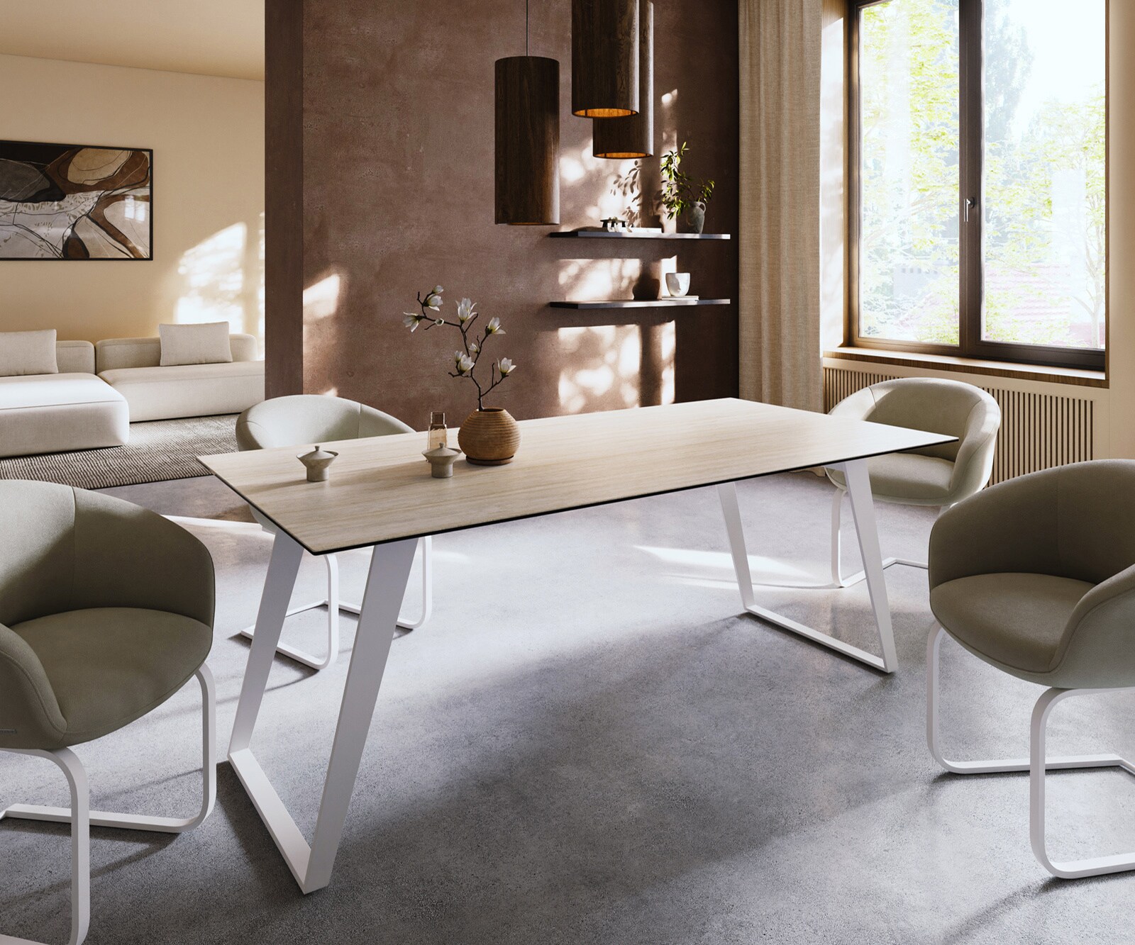 Трапезна маса Edge 200x100, керамика Laminam „®“, Travertino Bianco, кремаво-бяла, метал, наклонена, бяла 1