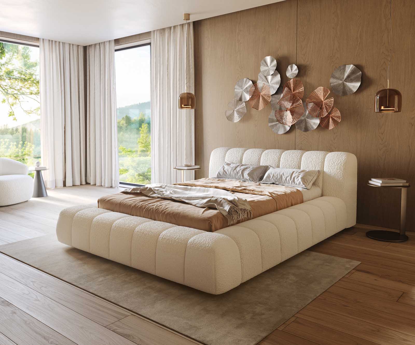 Тапицирано легло Cutio 140x200 cm Bouclé крем-бяло
