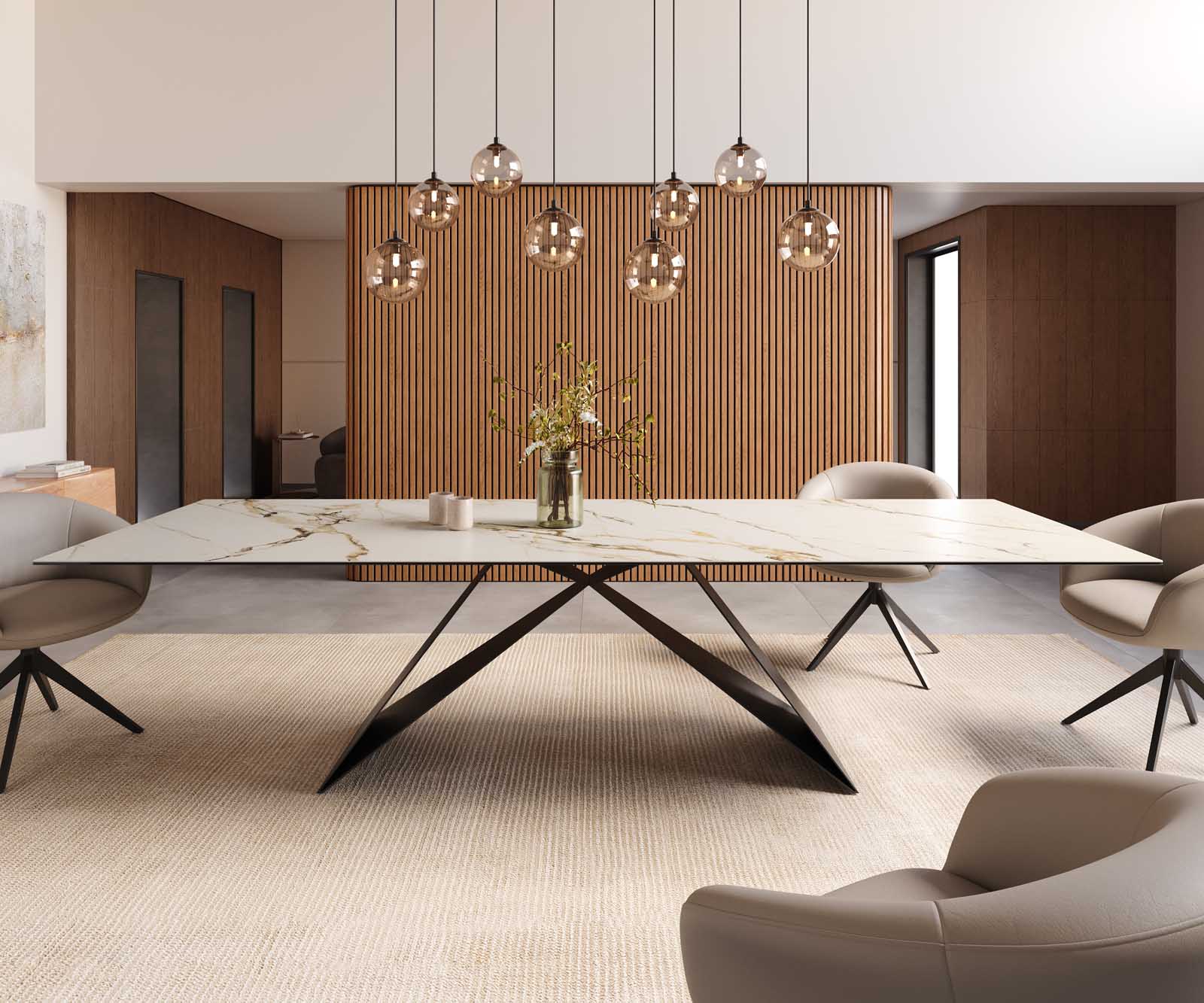 Трапезна маса Edge 300x100, керамика Calacatta Luxe, бяло-златно-сиво, V-образна рамка от плоска стомана, черна 2