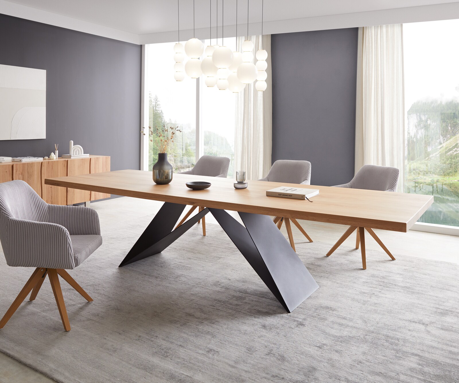 Маса 300x100 Дъб Натурал V-Рамка плоска стомана Черен Edge 2