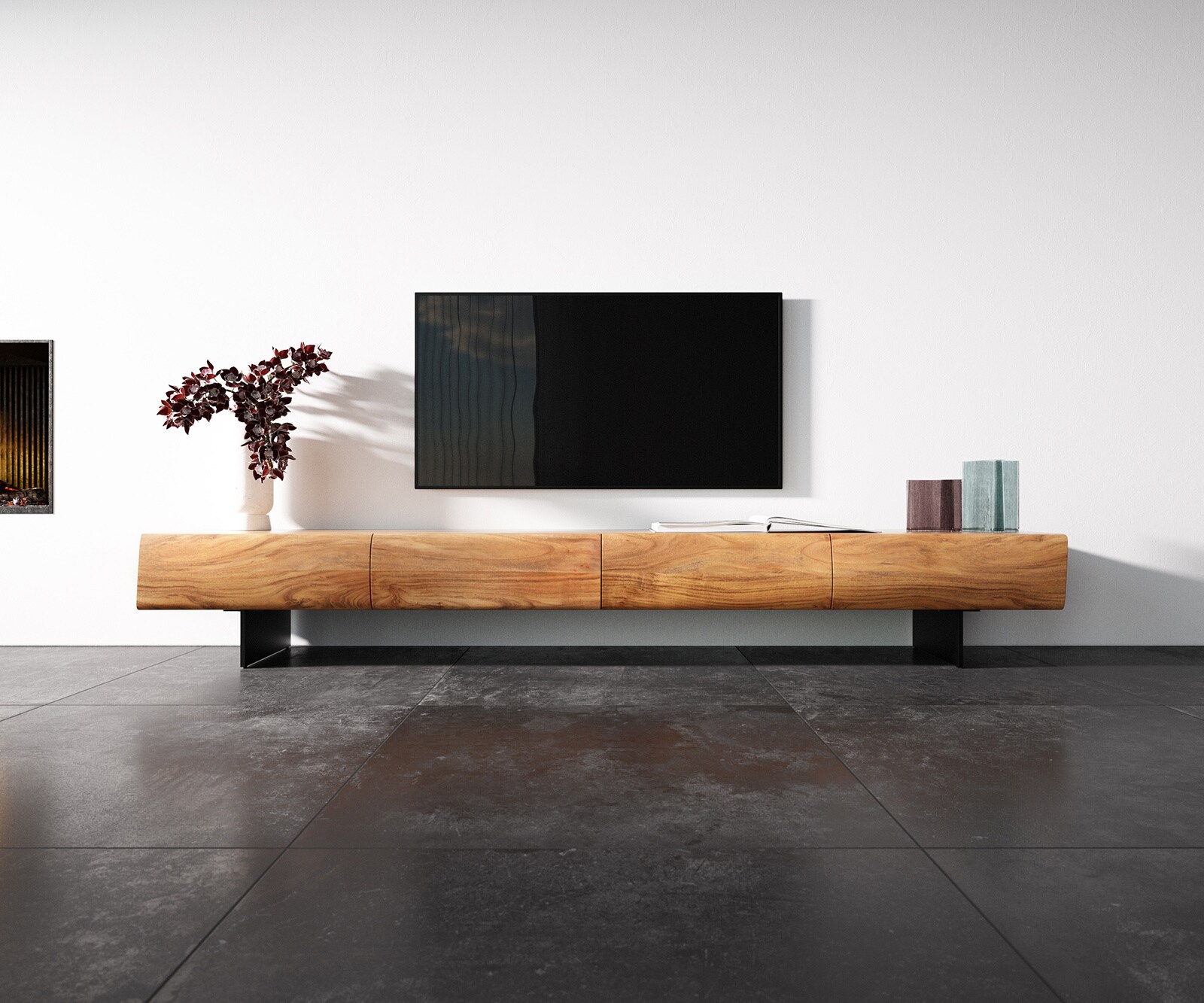 Нисък ТВ шкаф New Live-Edge 240 см, Масив акация, 4 чекмеджета, Натурален, Метални крака черно 3