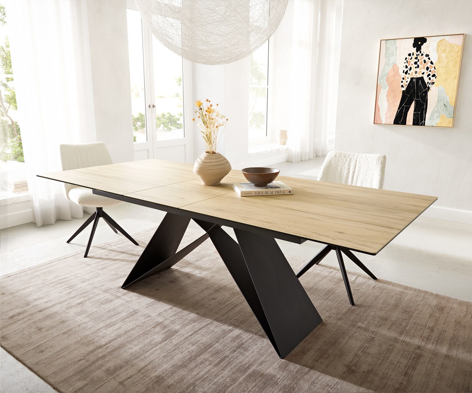 Разтегателна трапезна маса Edge 180-220х100 см Керамика Laminam® Sabbia цвят Дъб V-образна метална основа Черен 1