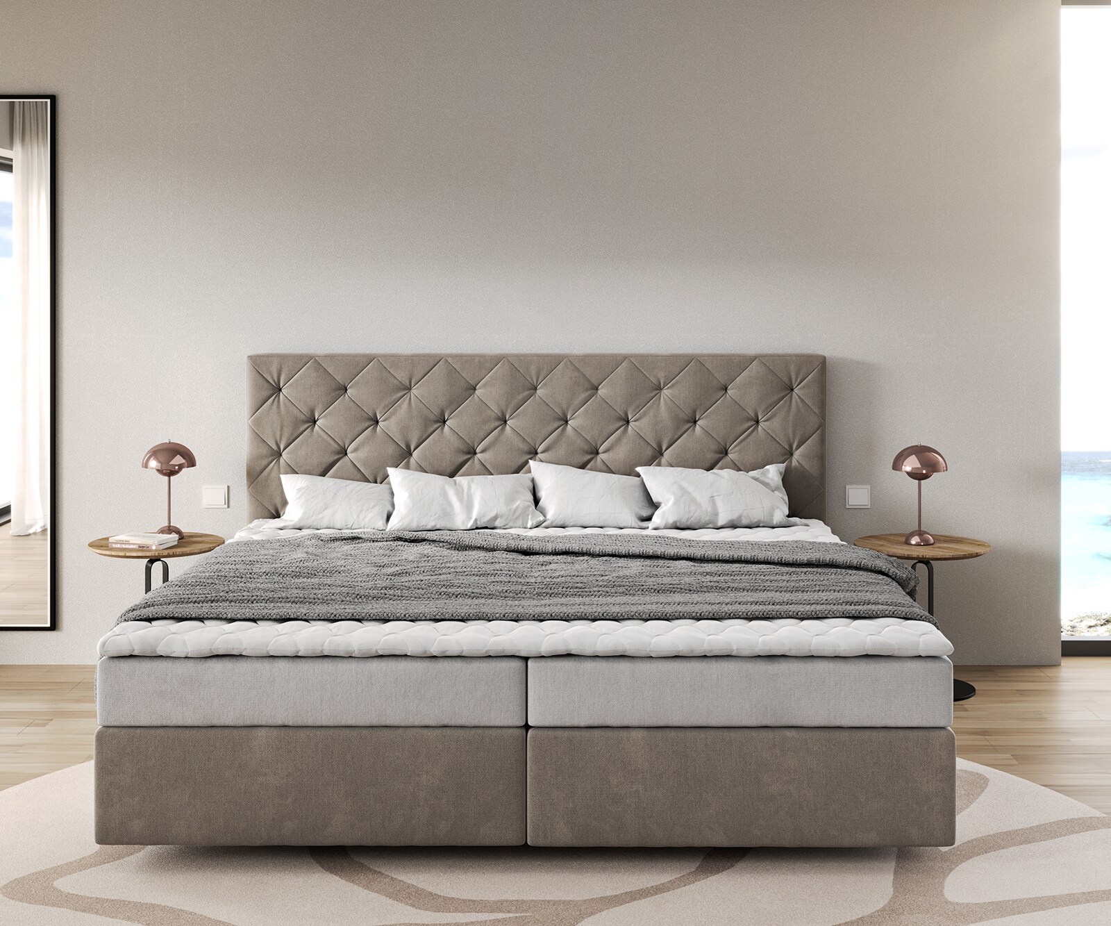 Легло Боксспринг Микрофибър Бежов 200x200 cm Бонел-Матрак PU-Топер Dream-Great 1