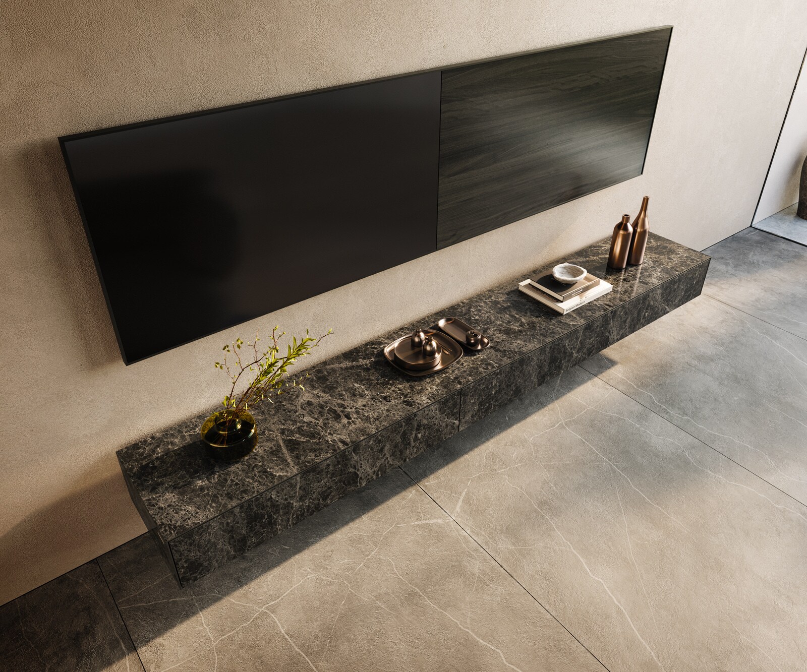 Стенен ТВ шкаф Cuor 250 см Керамика Laminam® Emperador Extra Lucidato Тъмно-кафяво 1 врата 1 чекмедже  4