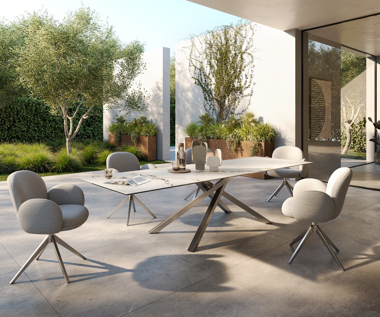 Луксозна външма маса Edge 300x100 см, керамичен правоъгълен плот Calacatta Luxe. Кръстовидна основа Бяло/Златно/Сиво 5